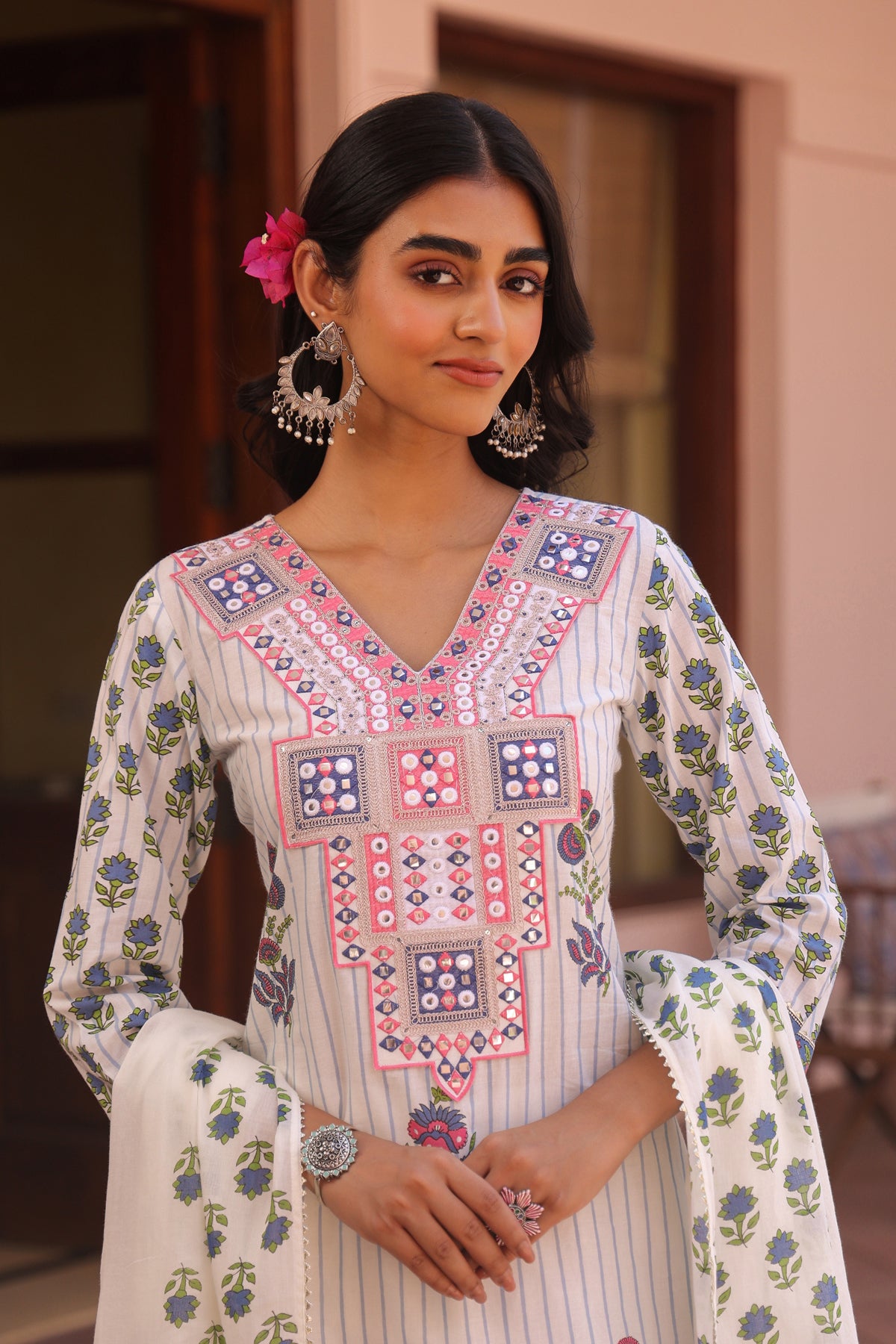 Blue Cotton Striped-Floral Block-Printed Embroidered Straight Suit Set