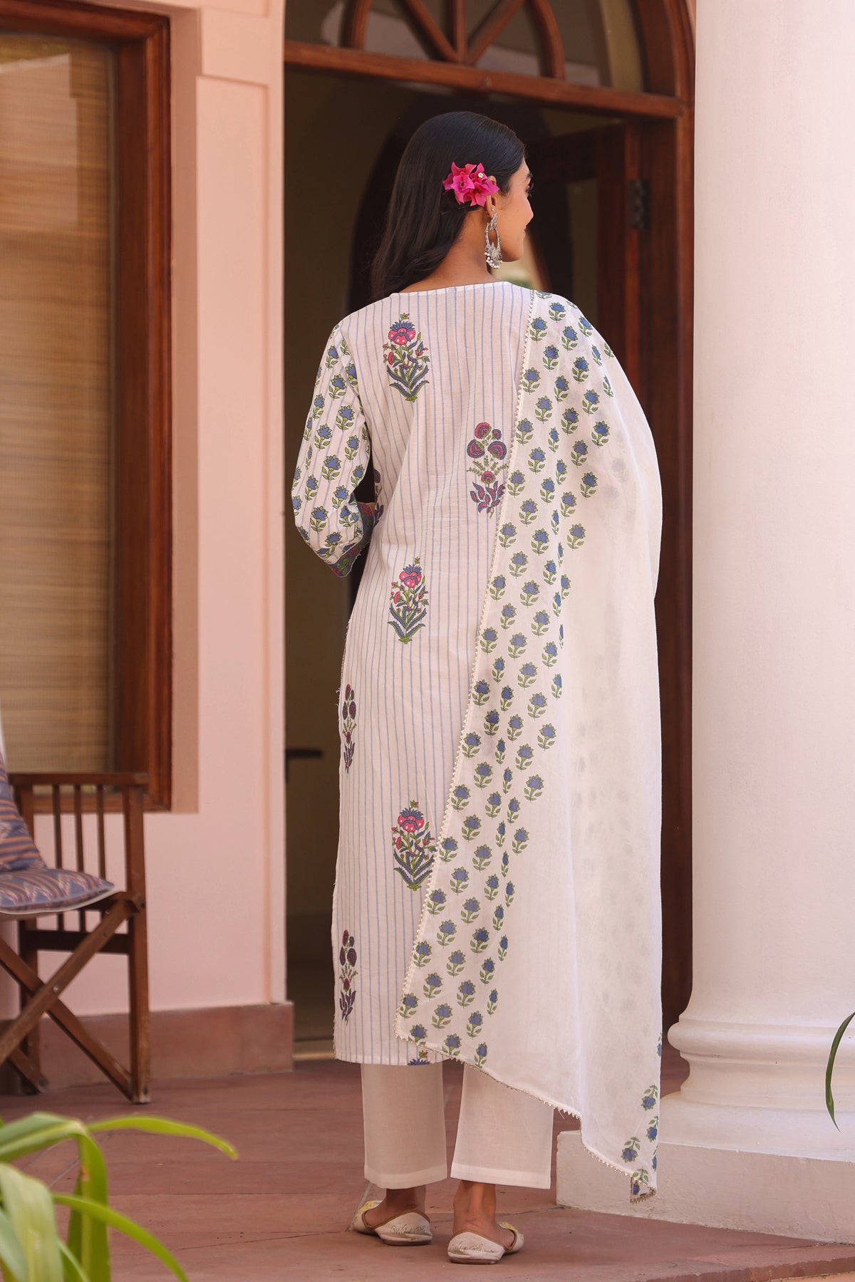 Blue Cotton Striped-Floral Block-Printed Embroidered Straight Suit Set