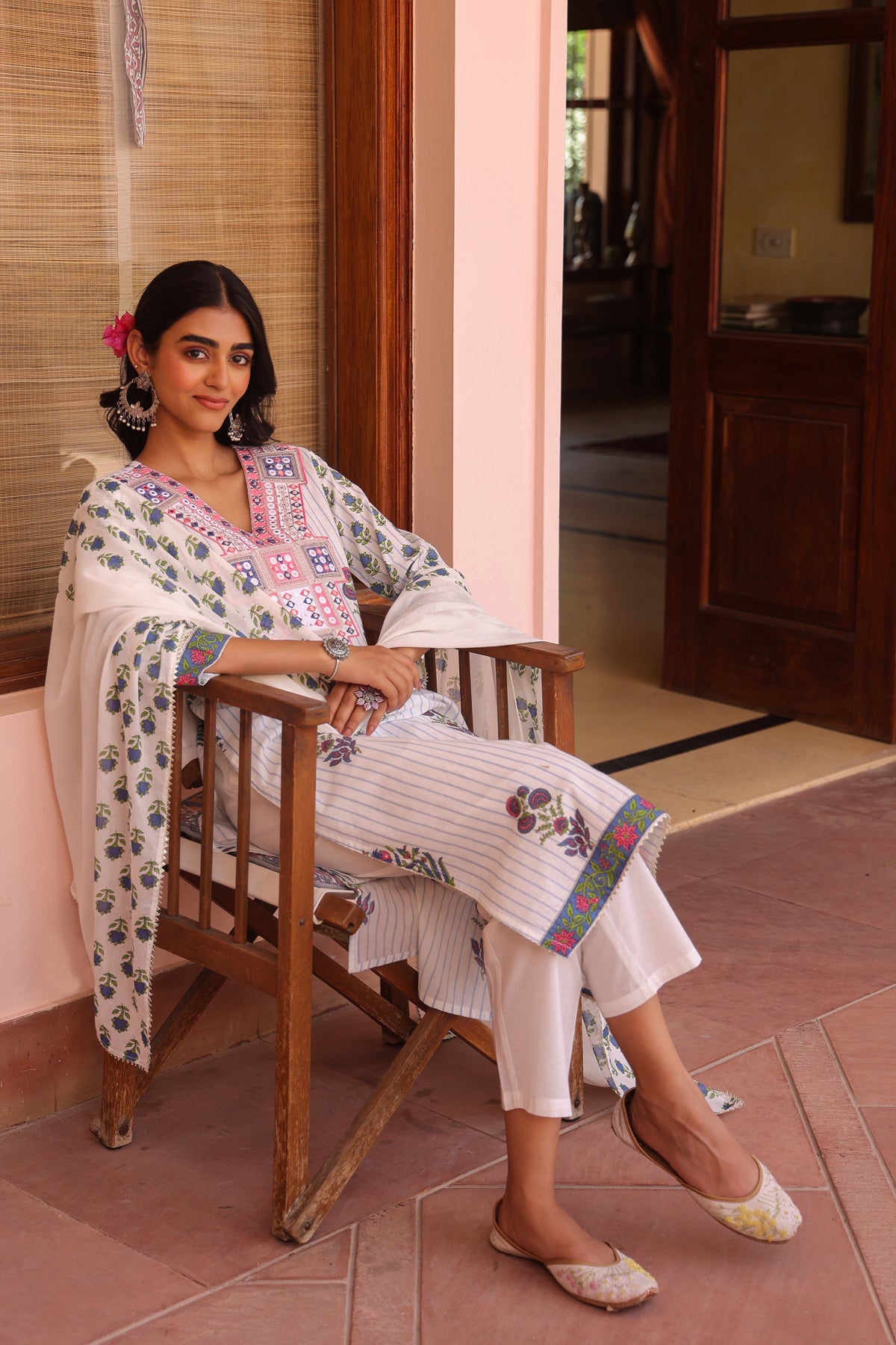Blue Cotton Striped-Floral Block-Printed Embroidered Straight Suit Set