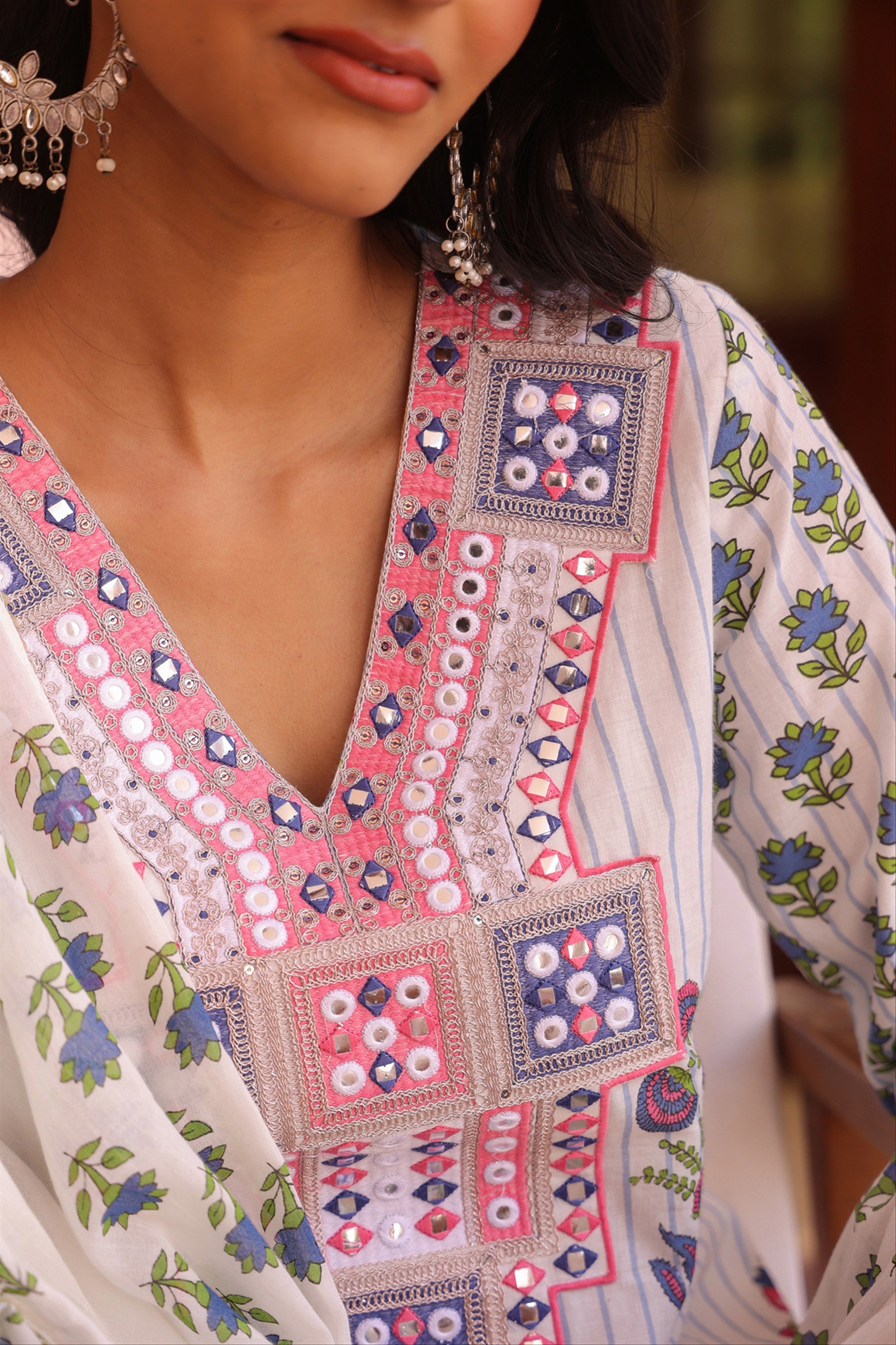 Blue Cotton Striped-Floral Block-Printed Embroidered Straight Suit Set