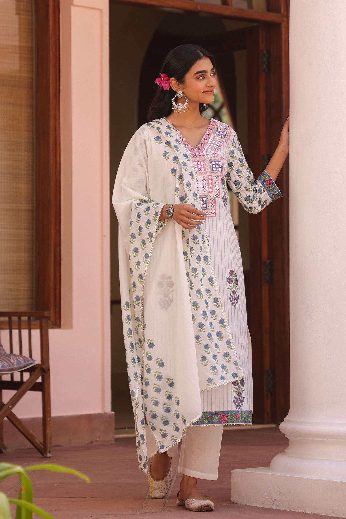 Blue Cotton Striped-Floral Block-Printed Embroidered Straight Suit Set