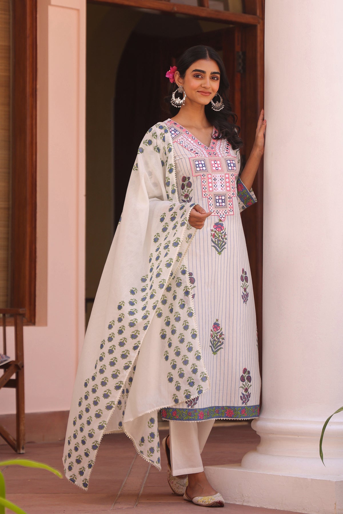 Blue Cotton Striped-Floral Block-Printed Embroidered Straight Suit Set