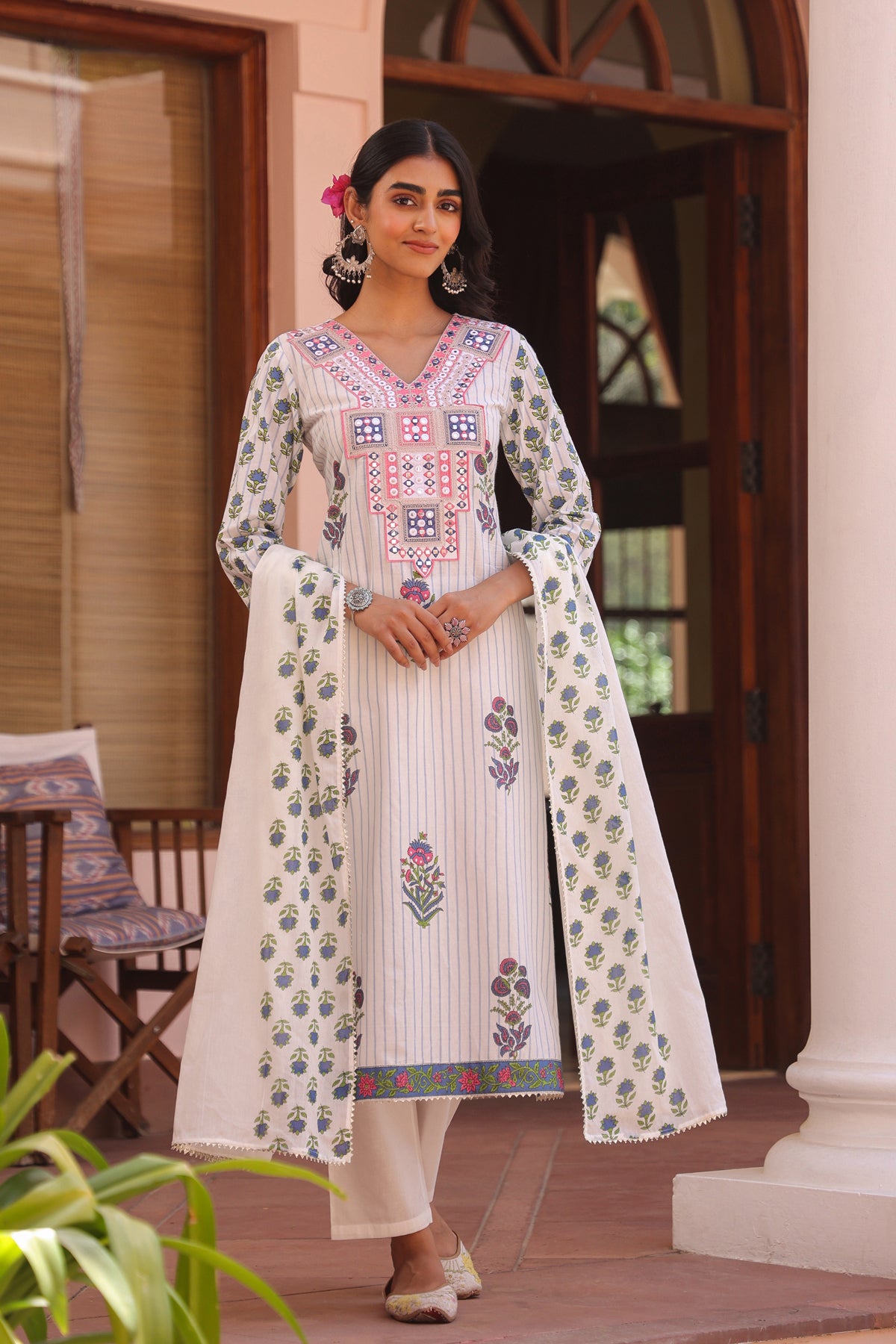 Blue Cotton Striped-Floral Block-Printed Embroidered Straight Suit Set