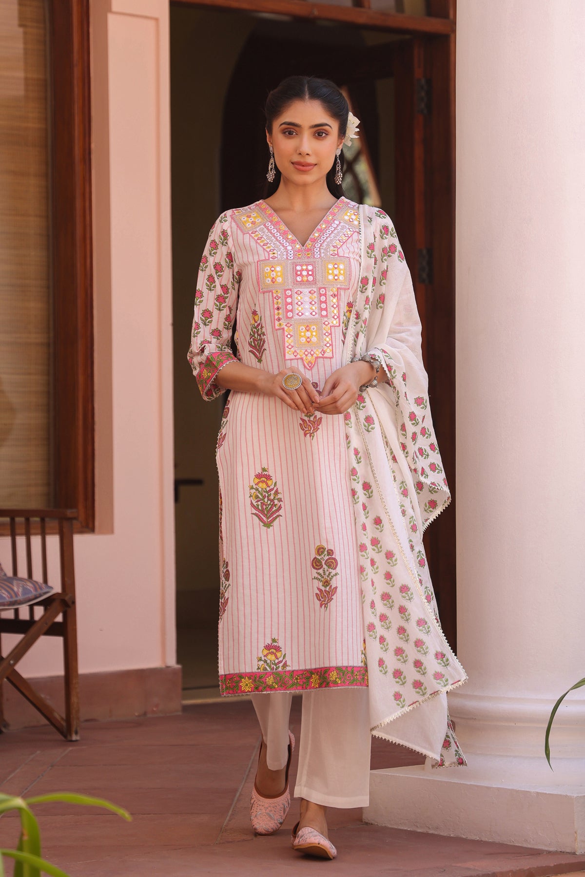 Pink Cotton Striped-Floral Block-Printed Embroidered Straight Suit Set