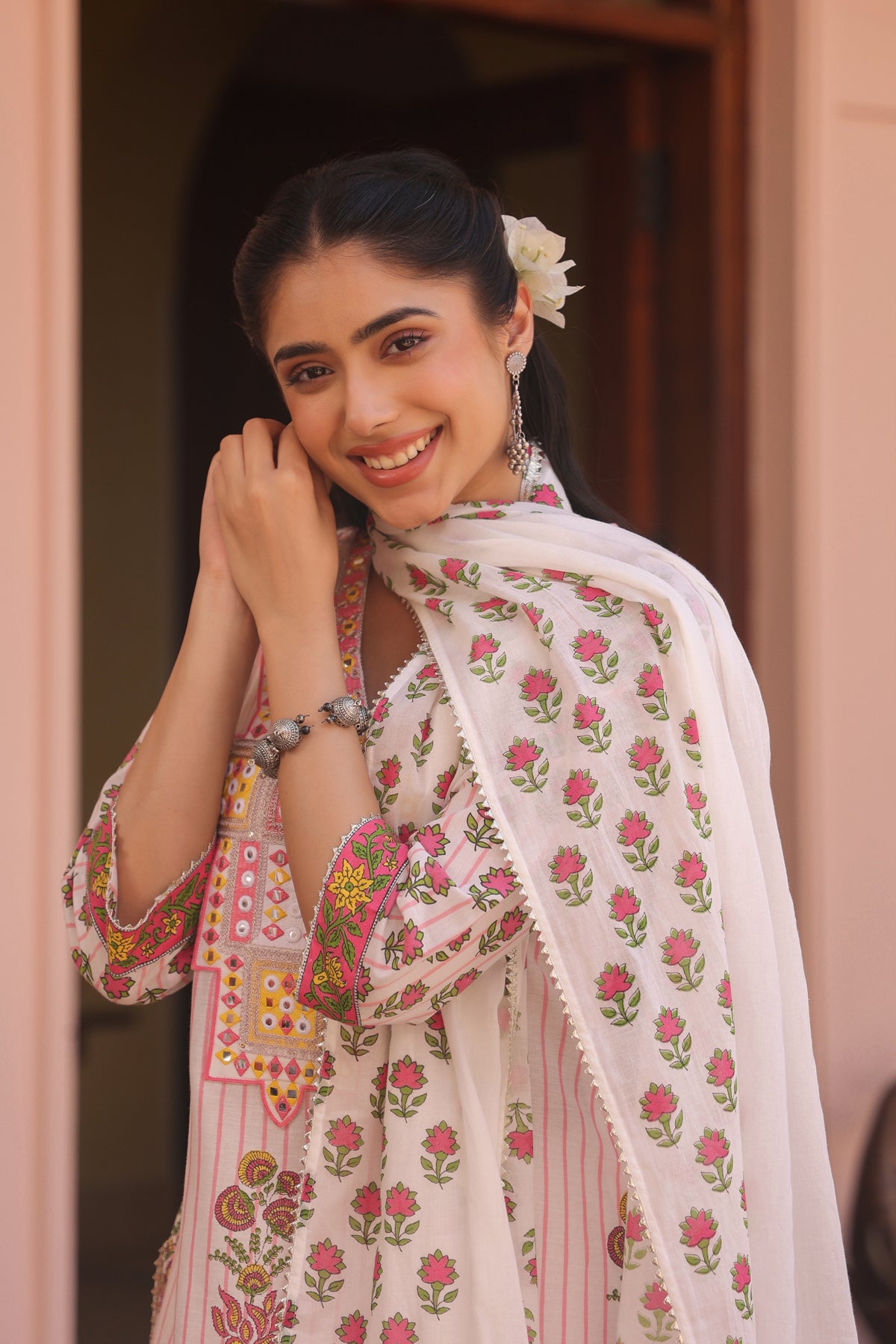 Pink Cotton Striped-Floral Block-Printed Embroidered Straight Suit Set