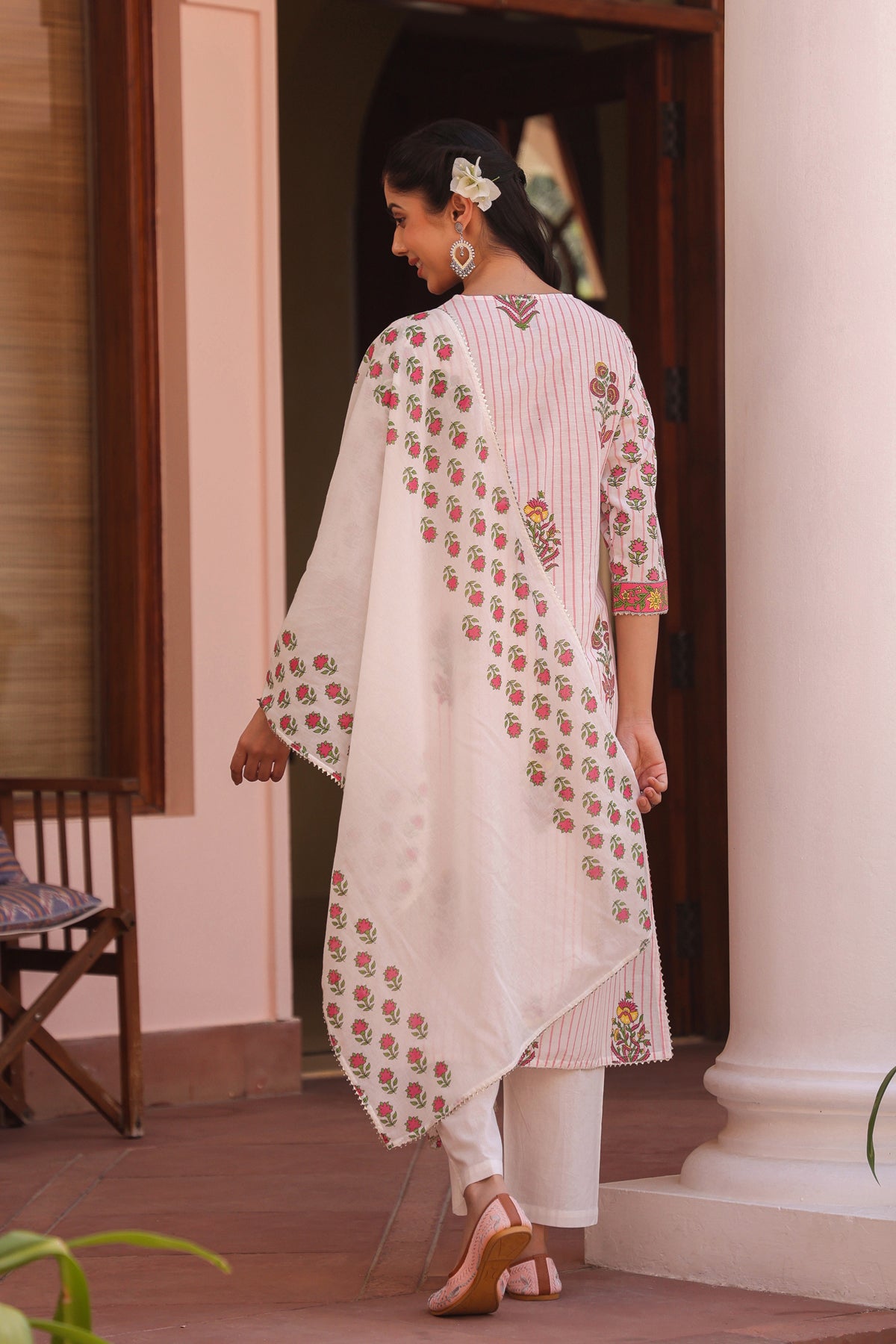Pink Cotton Striped-Floral Block-Printed Embroidered Straight Suit Set