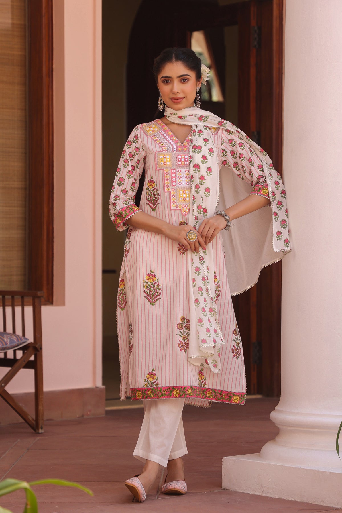 Pink Cotton Striped-Floral Block-Printed Embroidered Straight Suit Set