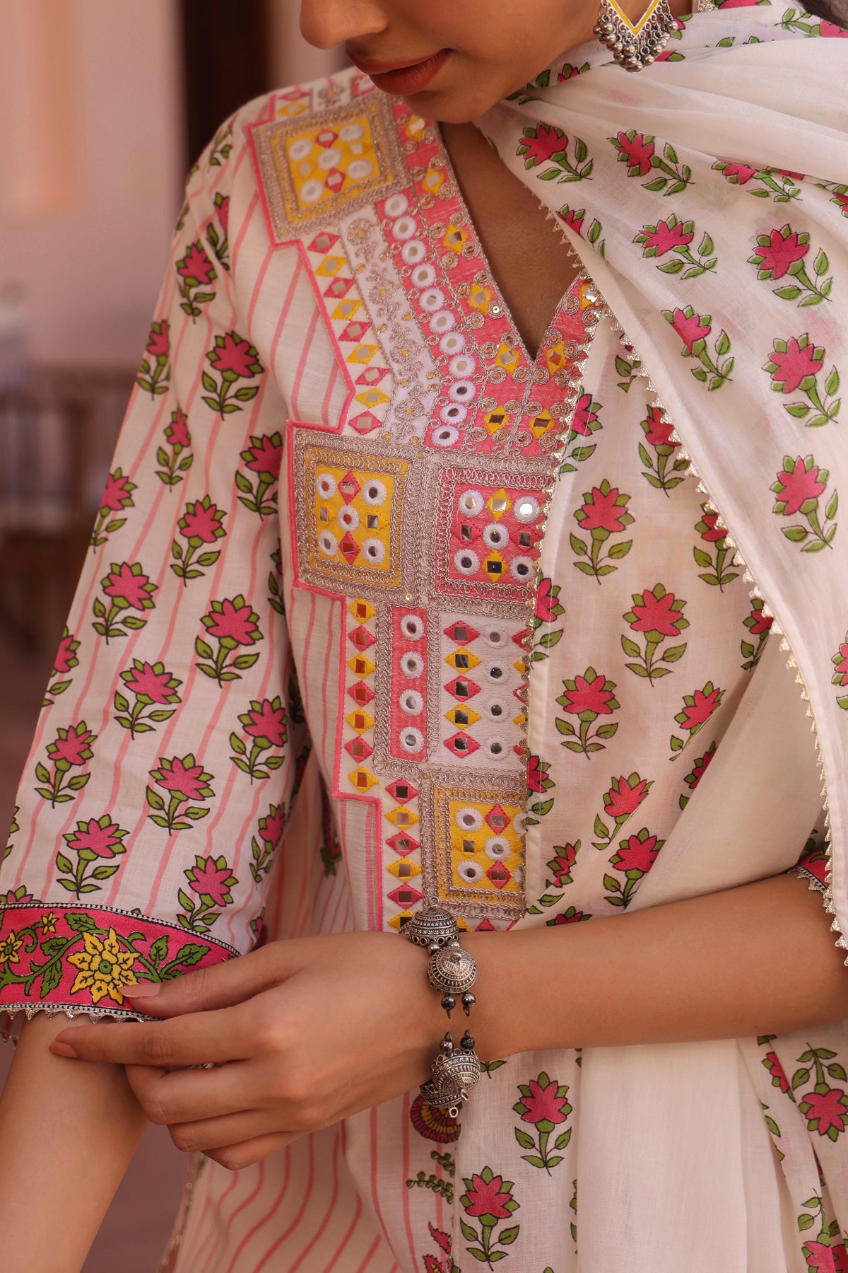 Pink Cotton Striped-Floral Block-Printed Embroidered Straight Suit Set