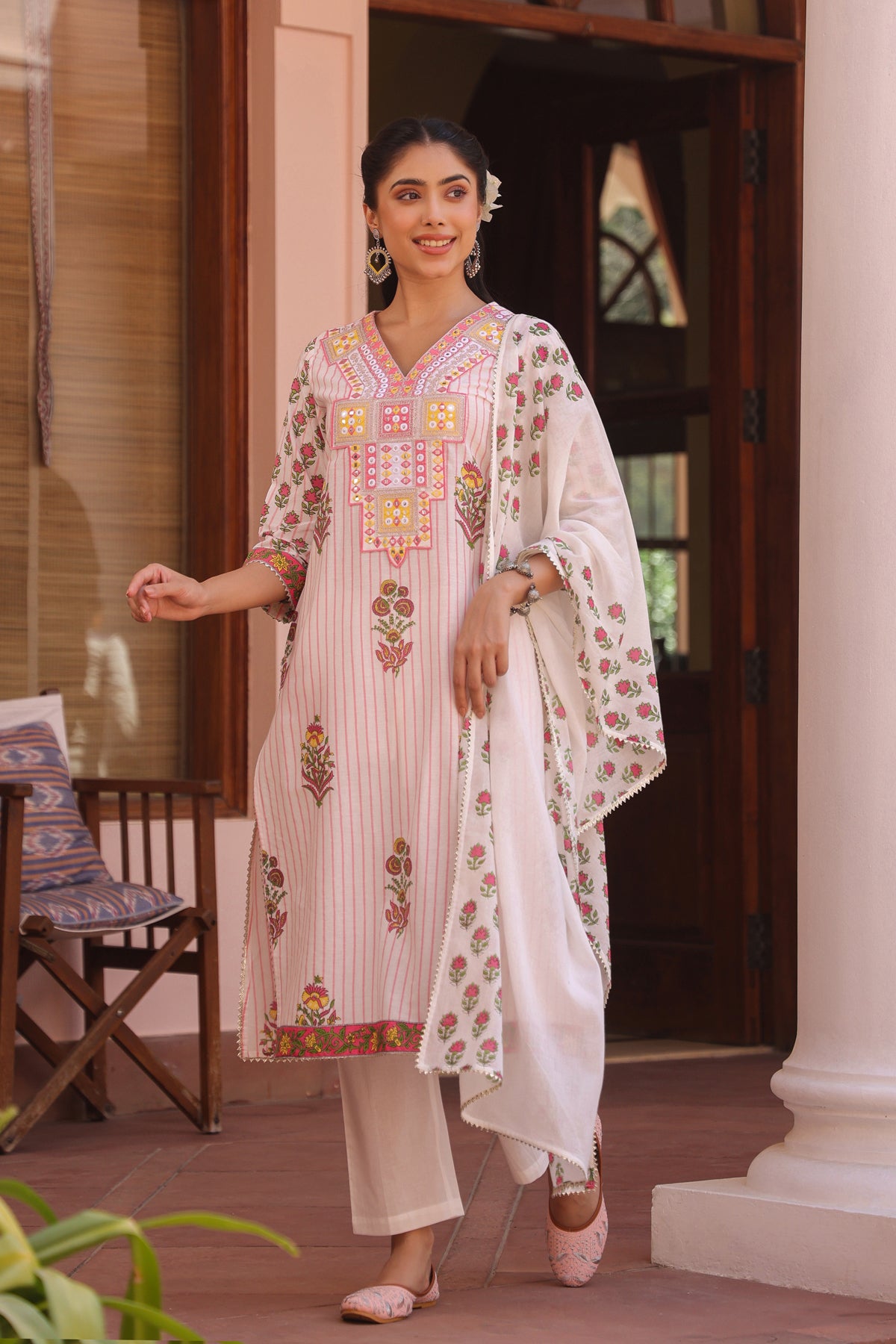 Pink Cotton Striped-Floral Block-Printed Embroidered Straight Suit Set