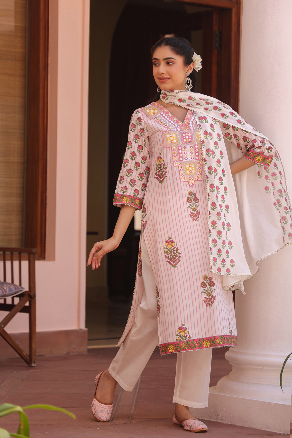 Pink Cotton Striped-Floral Block-Printed Embroidered Straight Suit Set