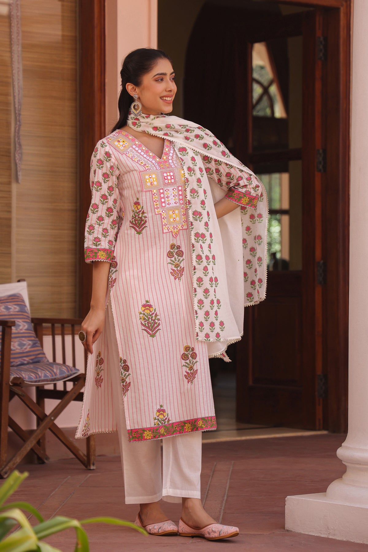 Pink Cotton Striped-Floral Block-Printed Embroidered Straight Suit Set