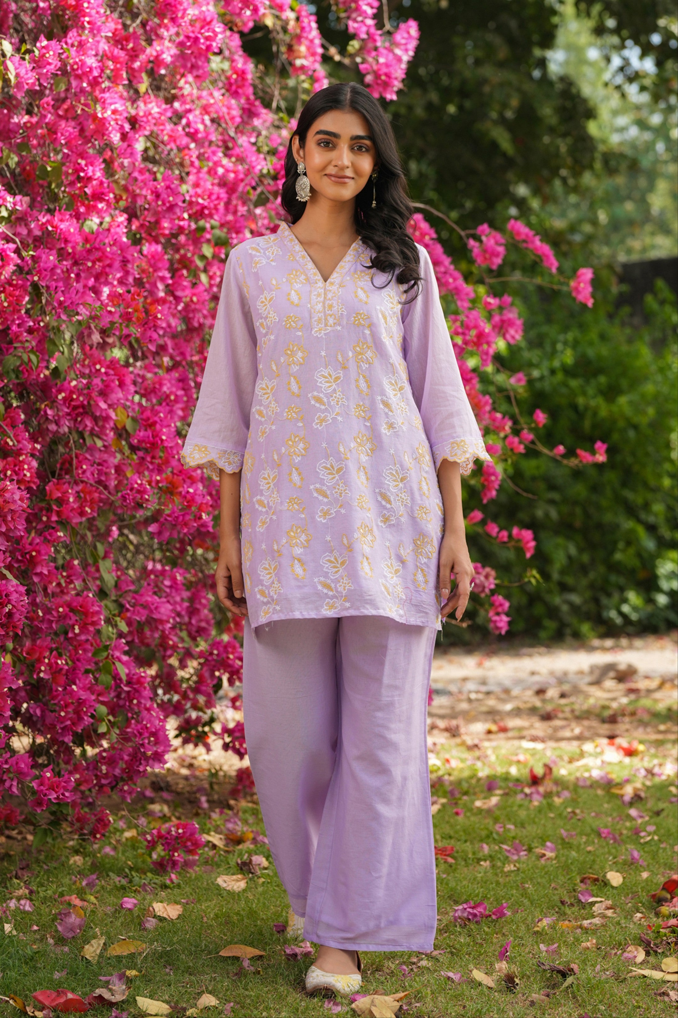 Lavender Cotton Mulmul Embroidered Co-ord Set