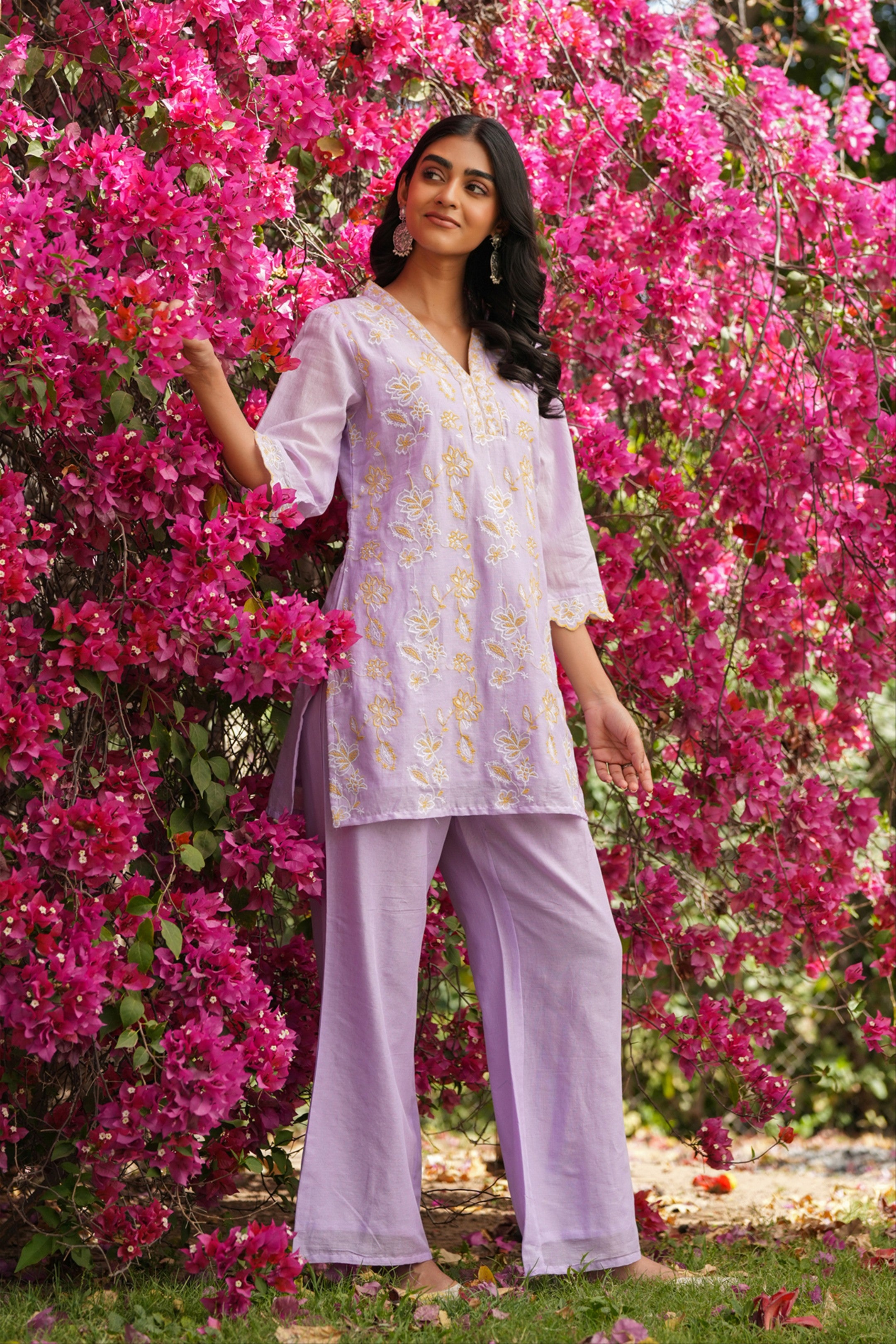 Lavender Cotton Mulmul Embroidered Co-ord Set