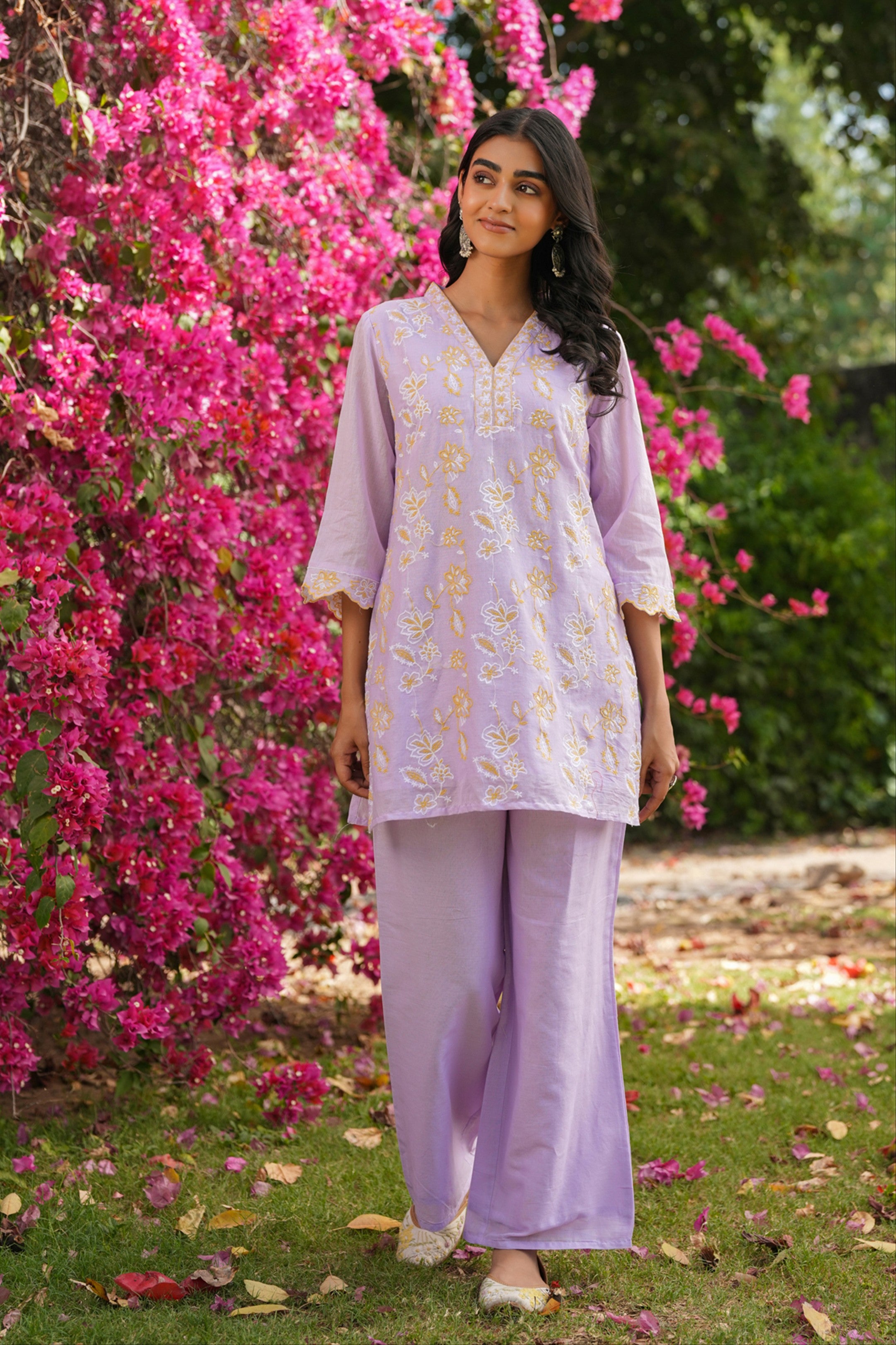 Lavender Cotton Mulmul Embroidered Co-ord Set