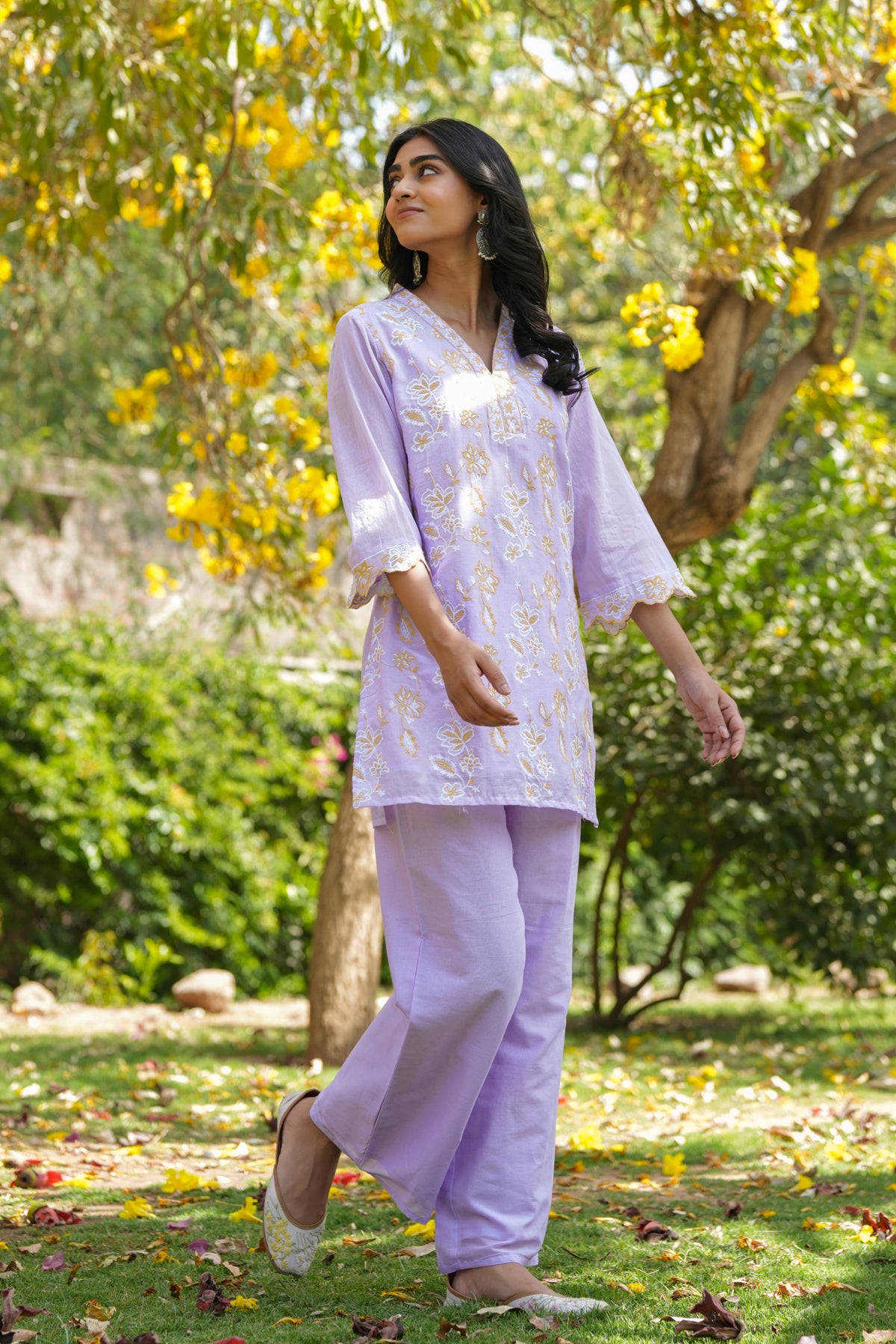 Lavender Cotton Mulmul Embroidered Co-ord Set