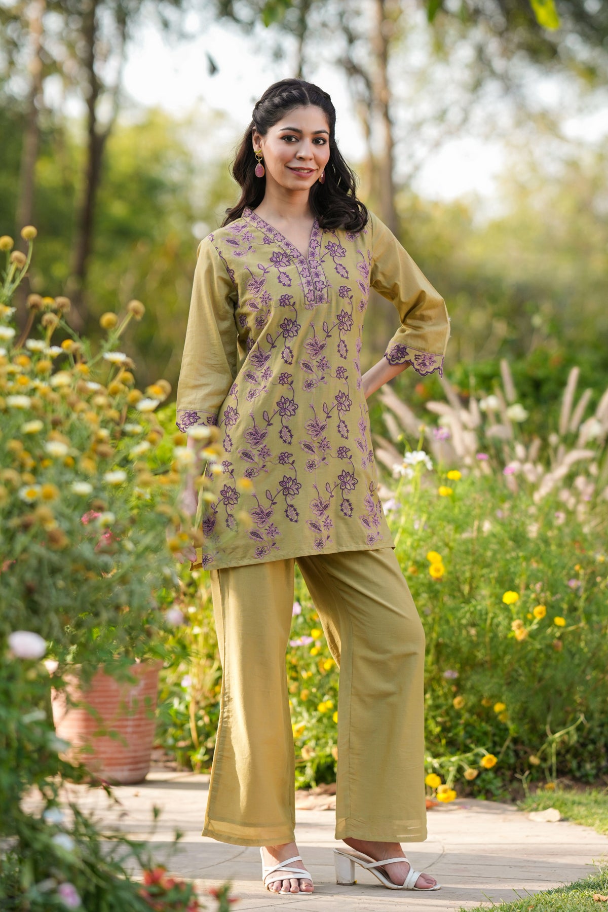 Olive Cotton Mulmul Embroidered Co-ord Set