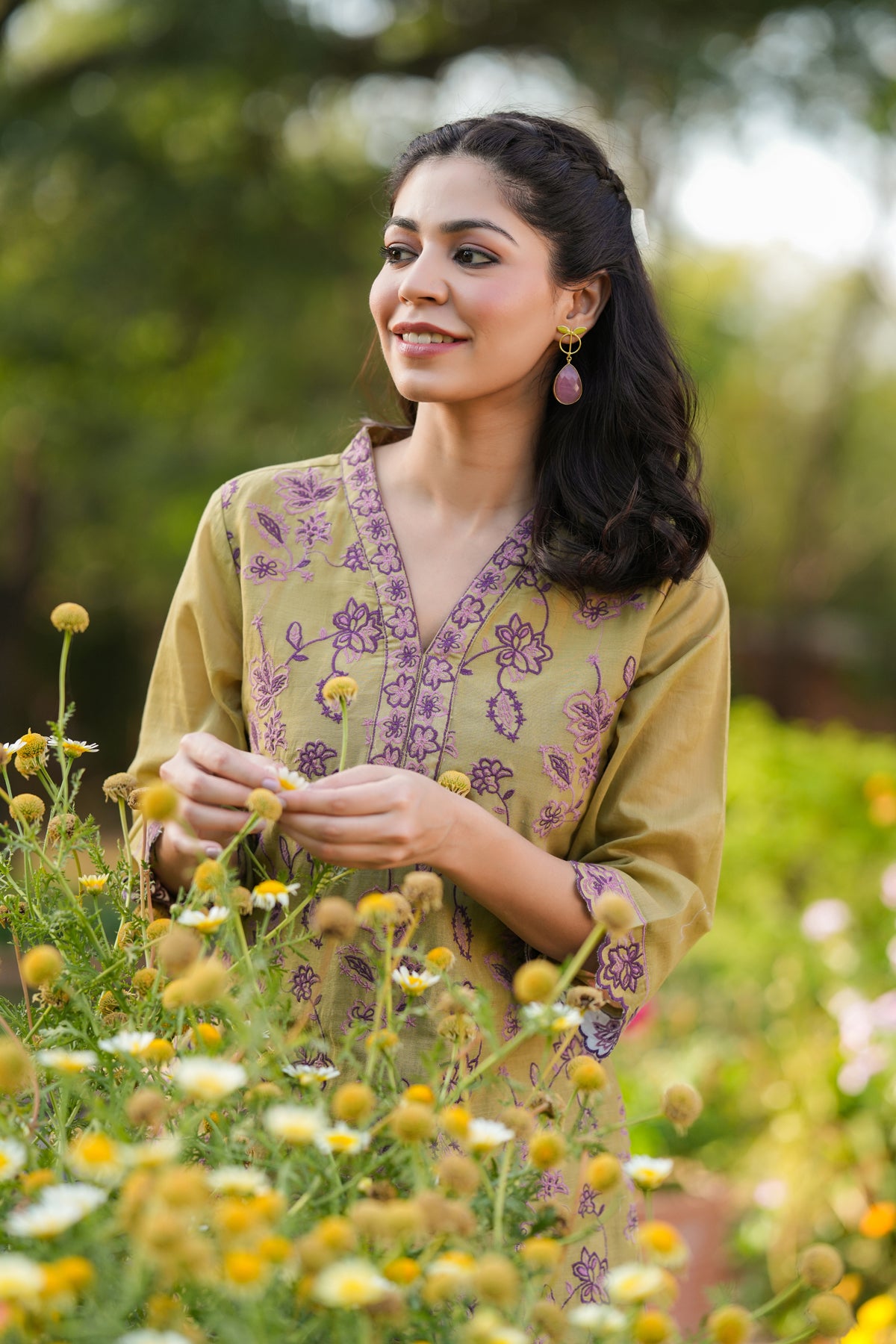 Olive Cotton Mulmul Embroidered Co-ord Set