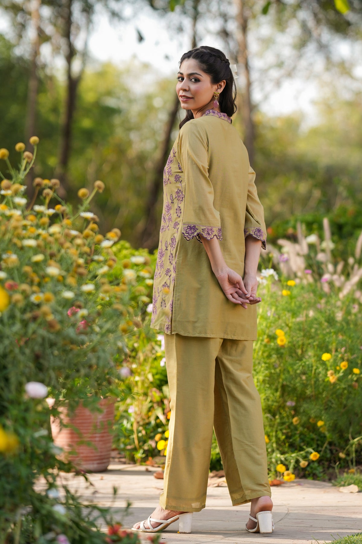Olive Cotton Mulmul Embroidered Co-ord Set