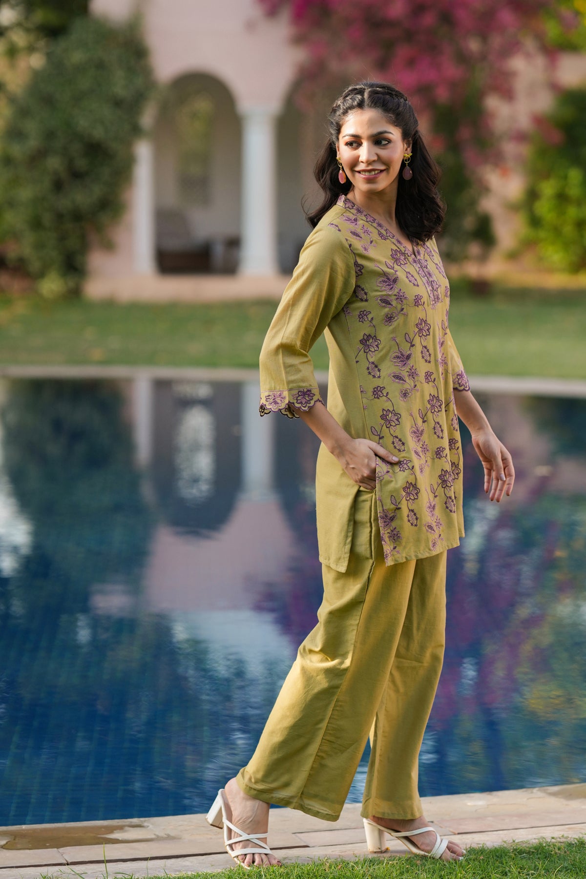 Olive Cotton Mulmul Embroidered Co-ord Set