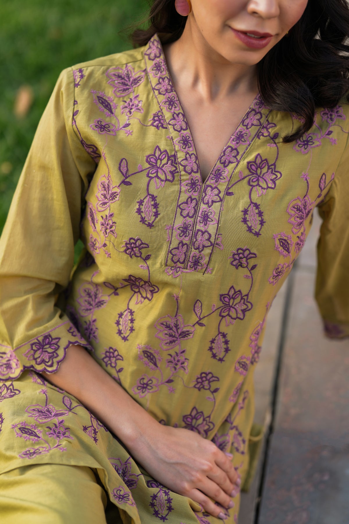 Olive Cotton Mulmul Embroidered Co-ord Set