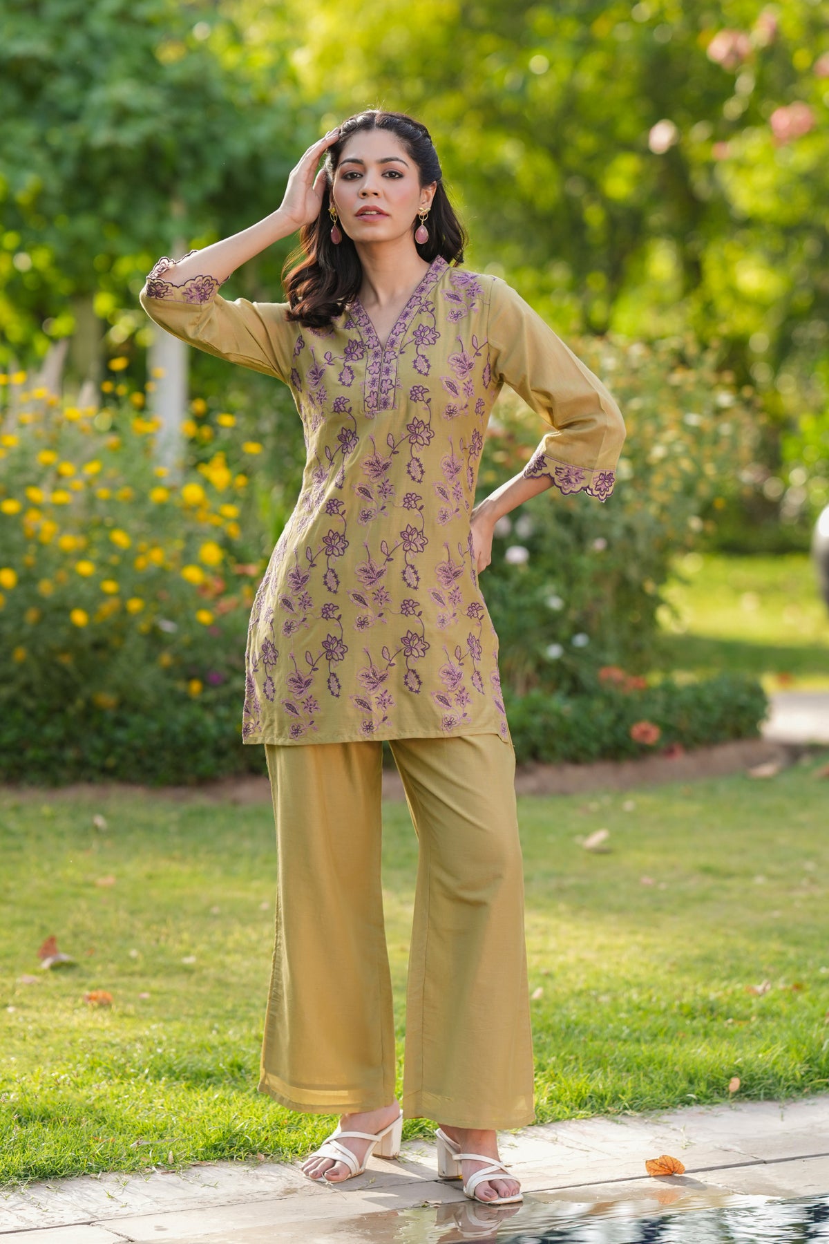 Olive Cotton Mulmul Embroidered Co-ord Set