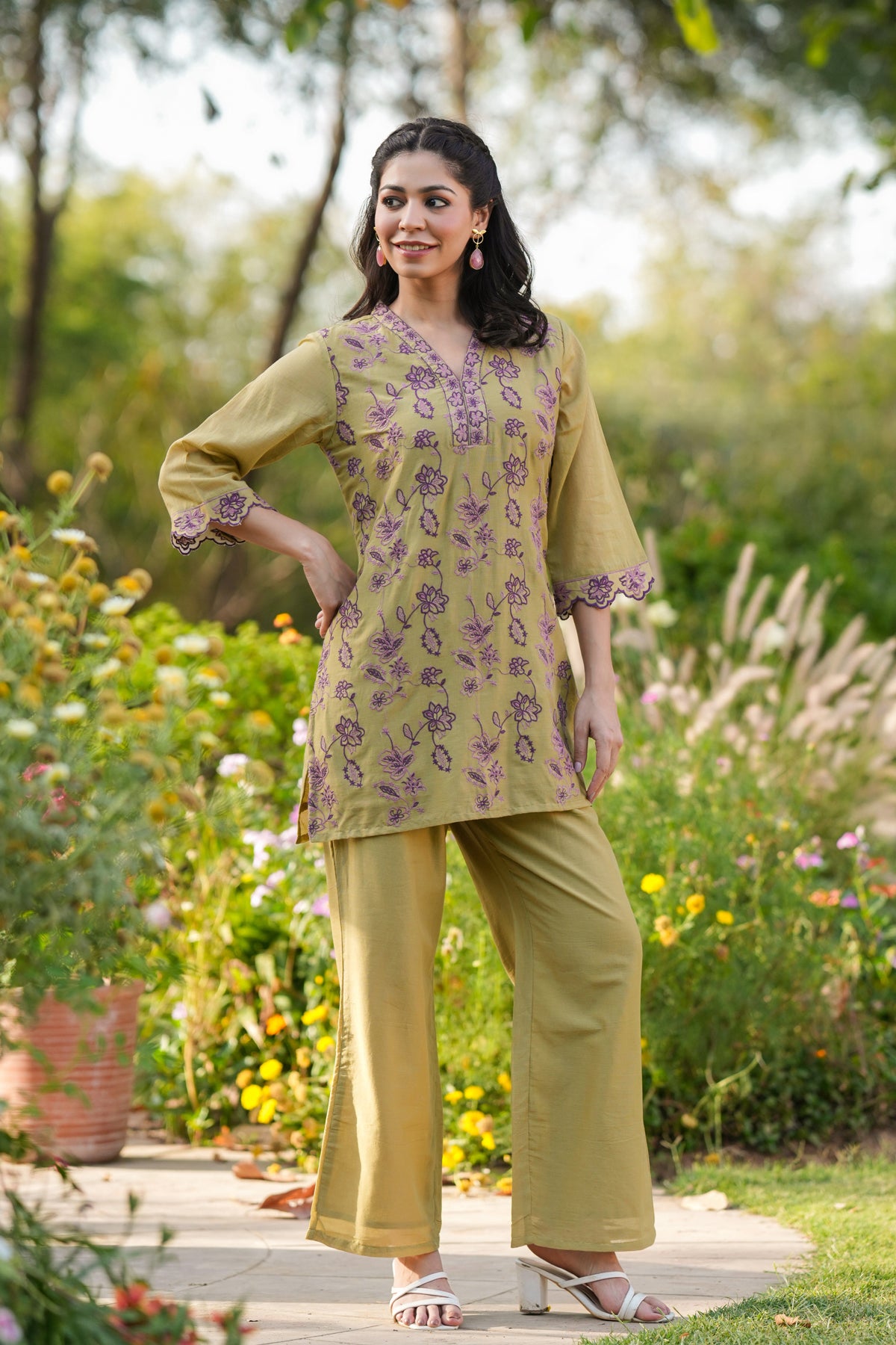 Olive Cotton Mulmul Embroidered Co-ord Set