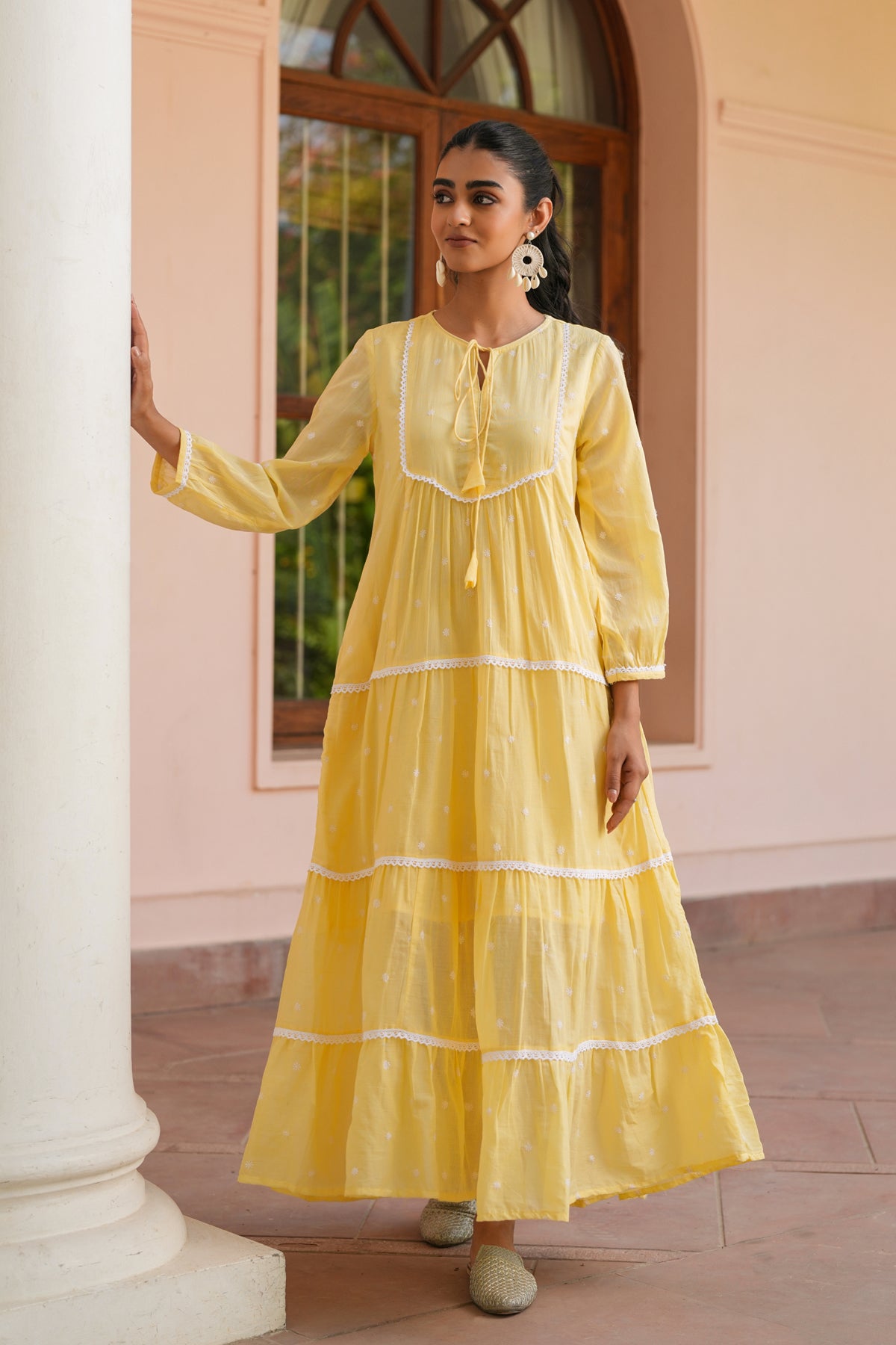 Mustard Cotton Mulmul Embroidered Tiered Maxi Dress