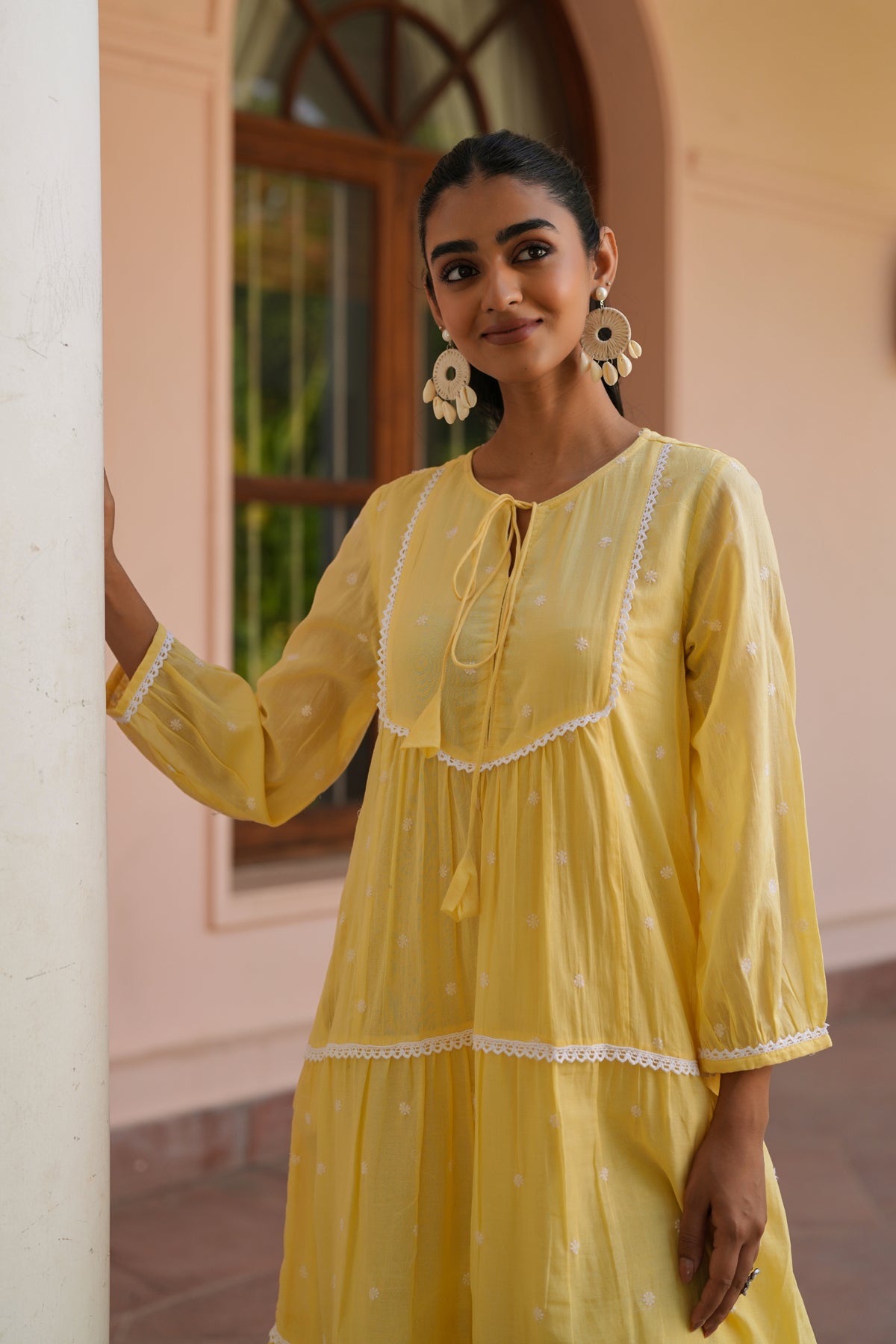 Mustard Cotton Mulmul Embroidered Tiered Maxi Dress