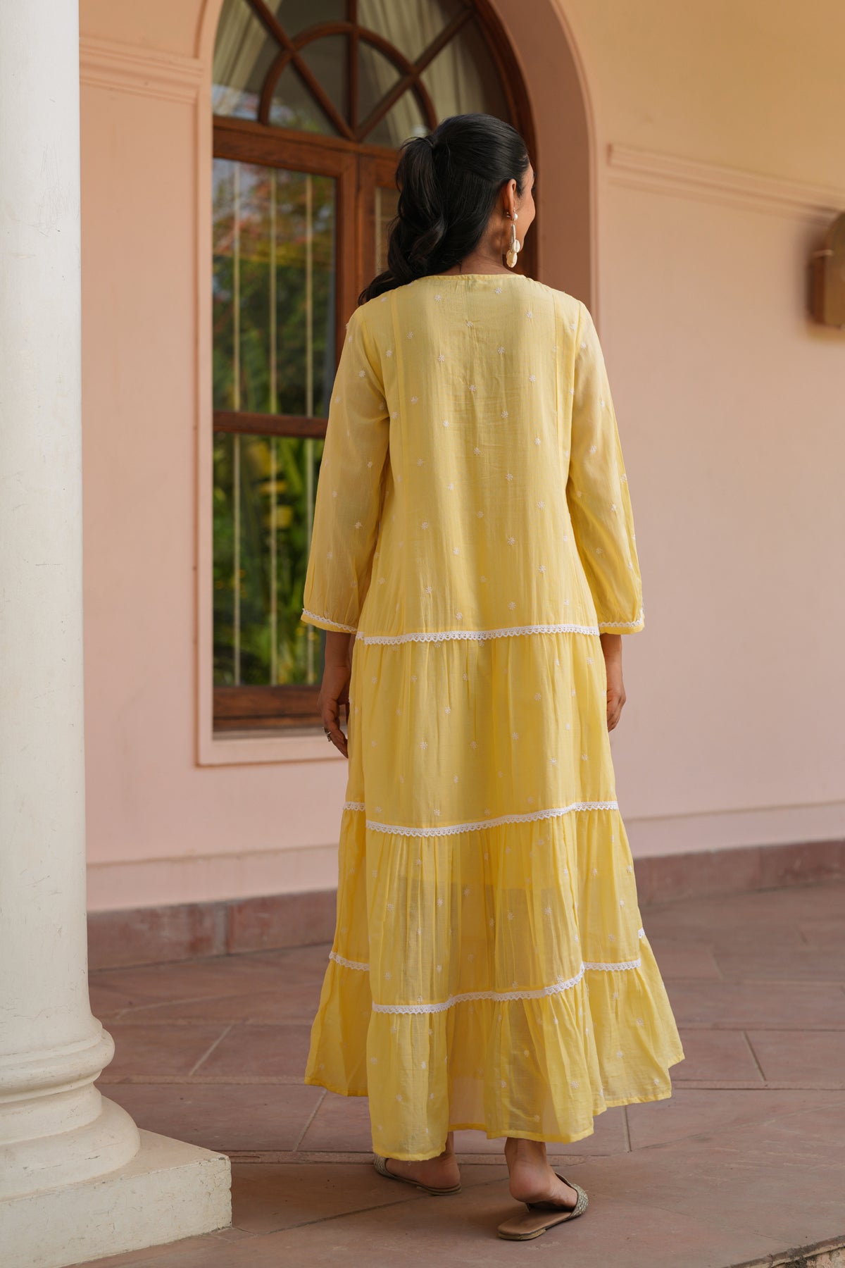 Mustard Cotton Mulmul Embroidered Tiered Maxi Dress