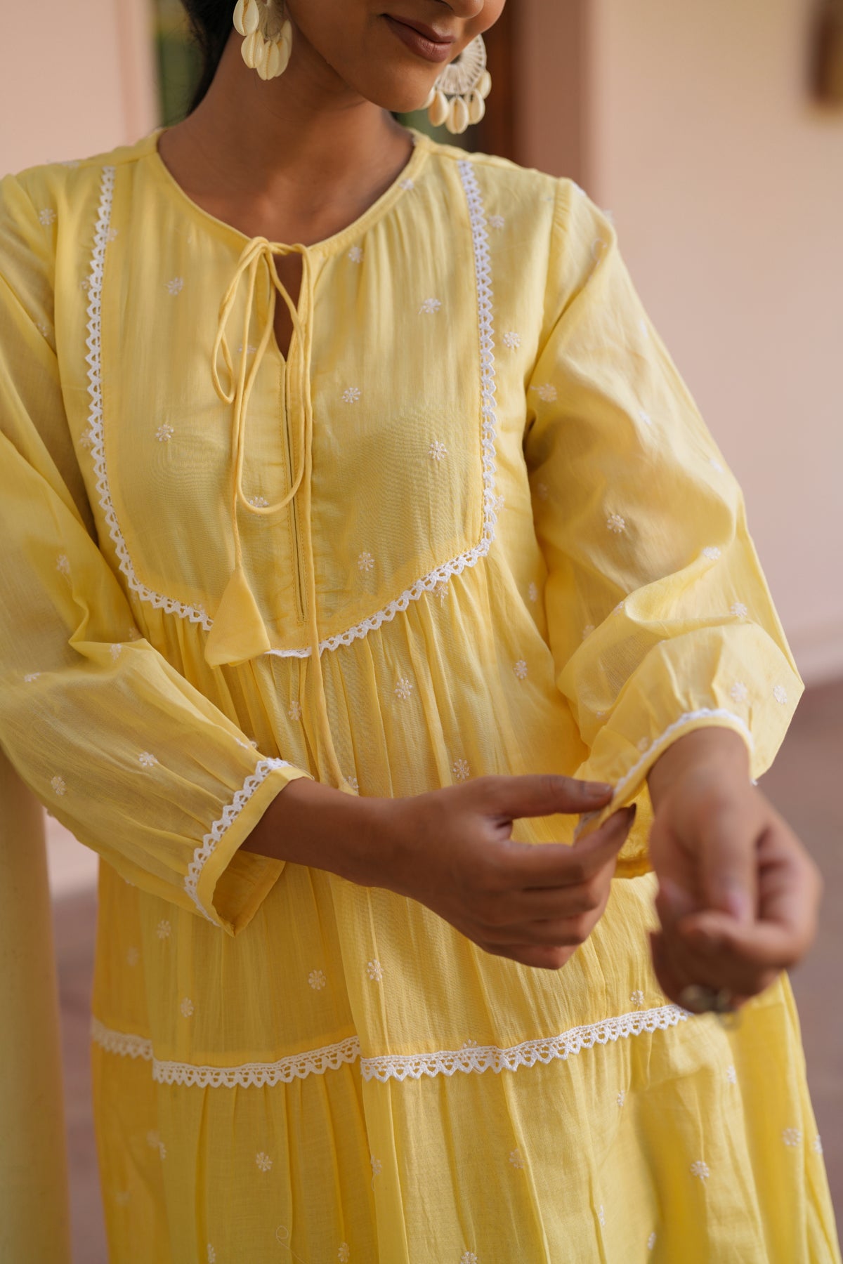 Mustard Cotton Mulmul Embroidered Tiered Maxi Dress