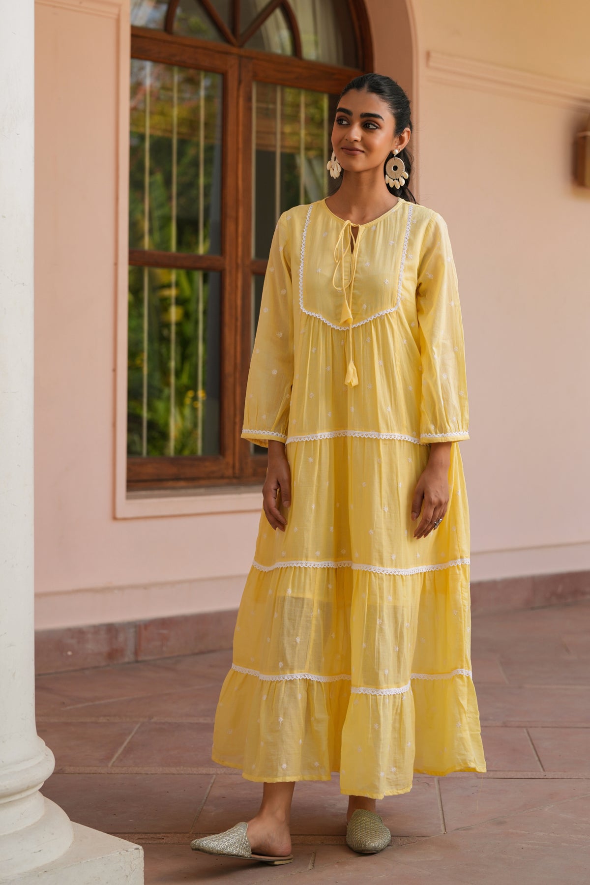 Mustard Cotton Mulmul Embroidered Tiered Maxi Dress