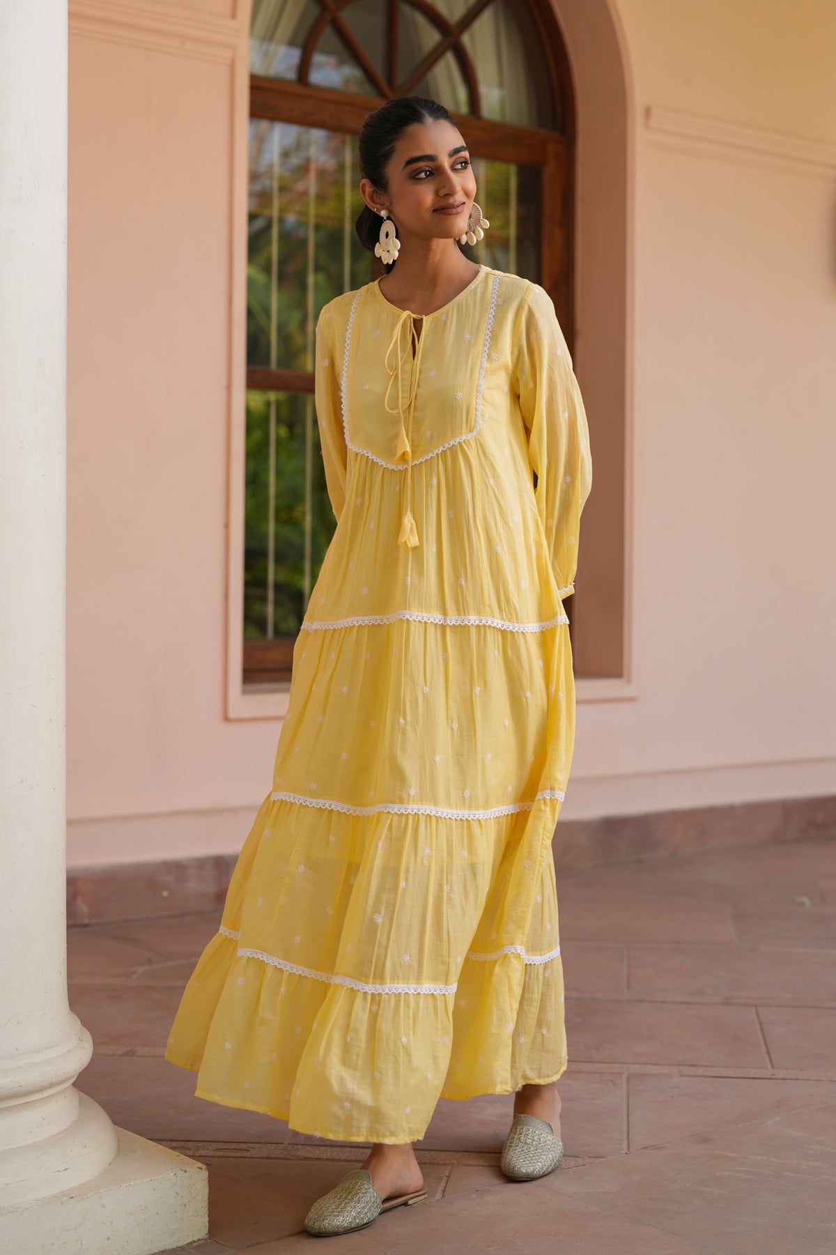 Mustard Cotton Mulmul Embroidered Tiered Maxi Dress