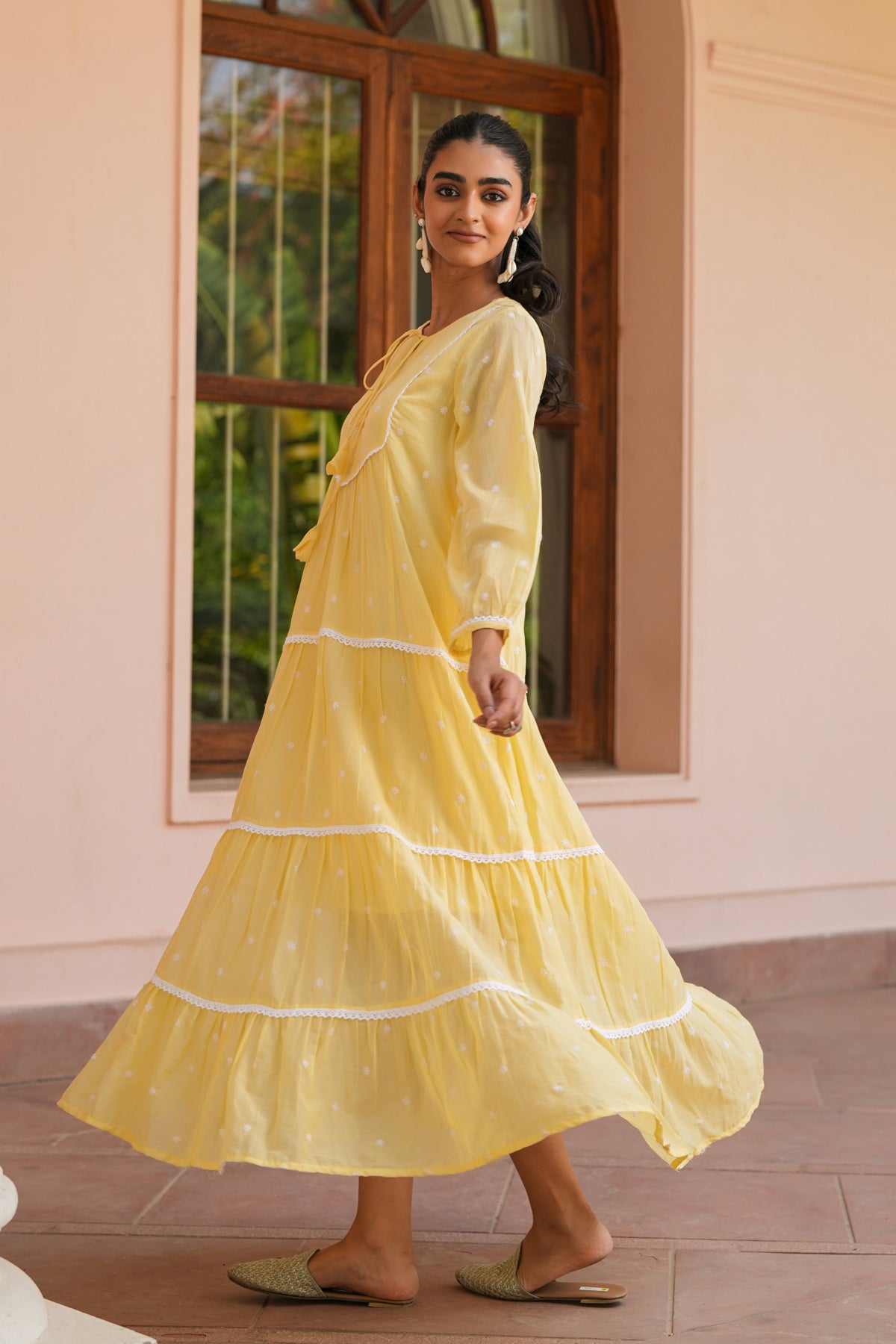 Mustard Cotton Mulmul Embroidered Tiered Maxi Dress