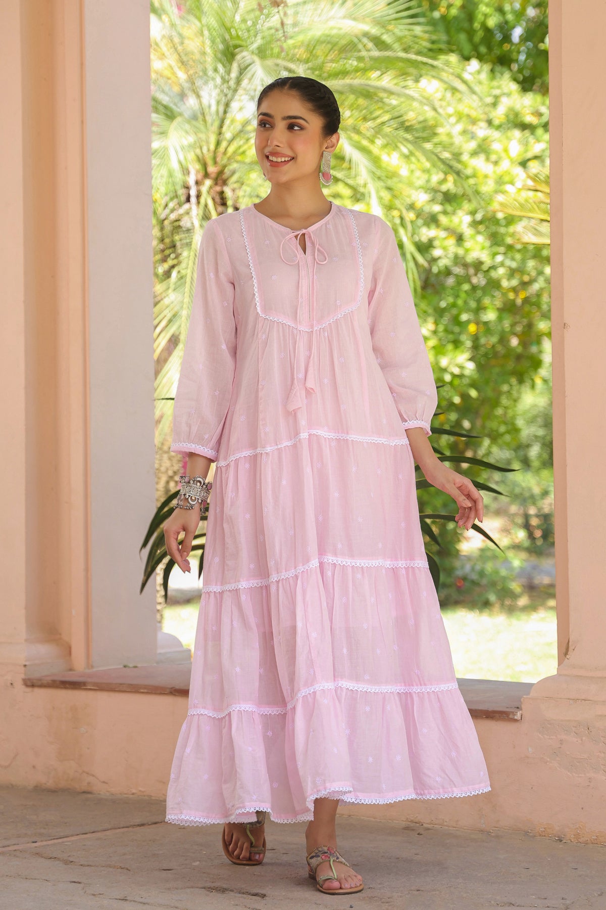 Pink Cotton Mulmul Embroidered Tiered Maxi Dress