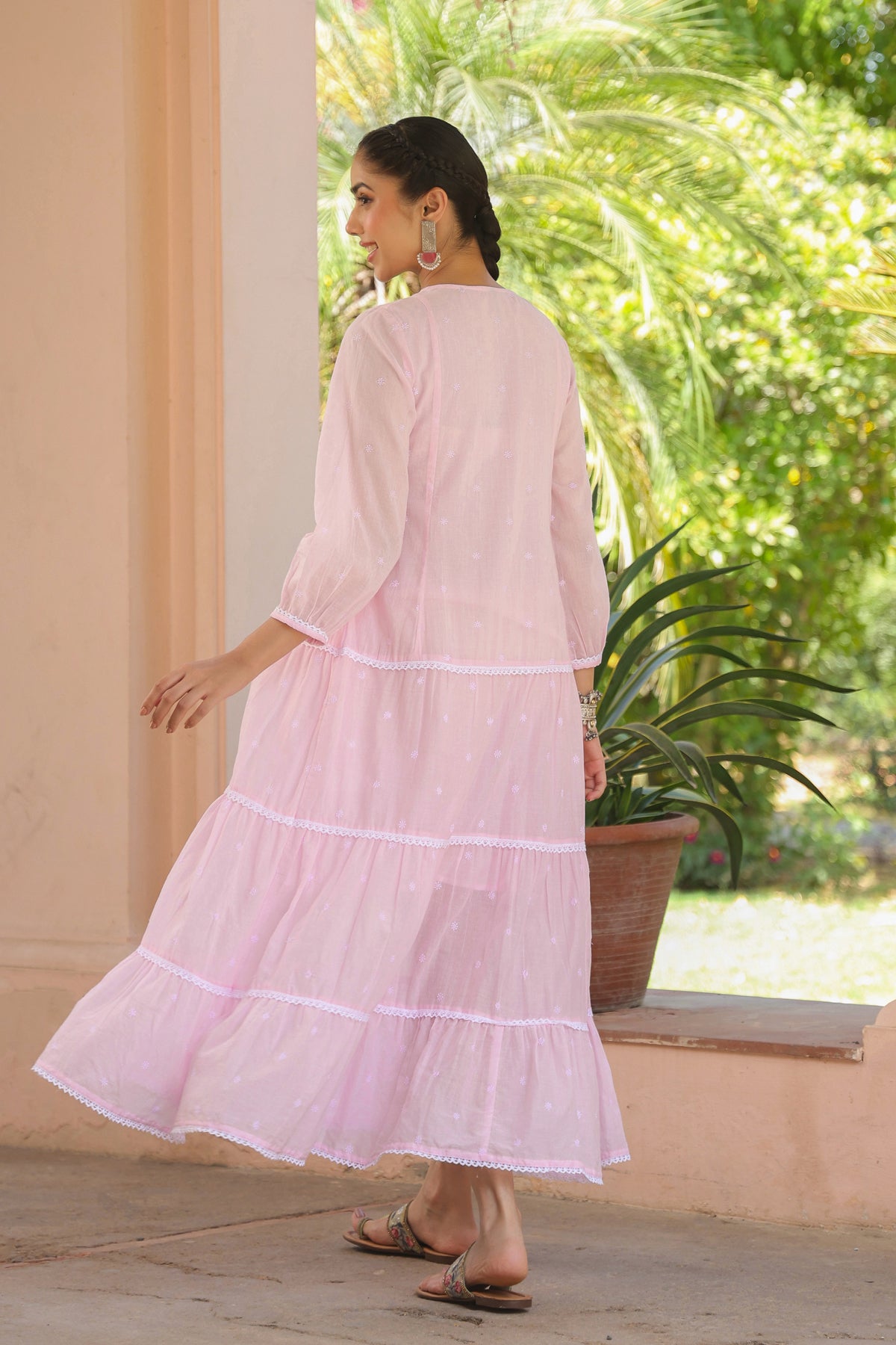 Pink Cotton Mulmul Embroidered Tiered Maxi Dress