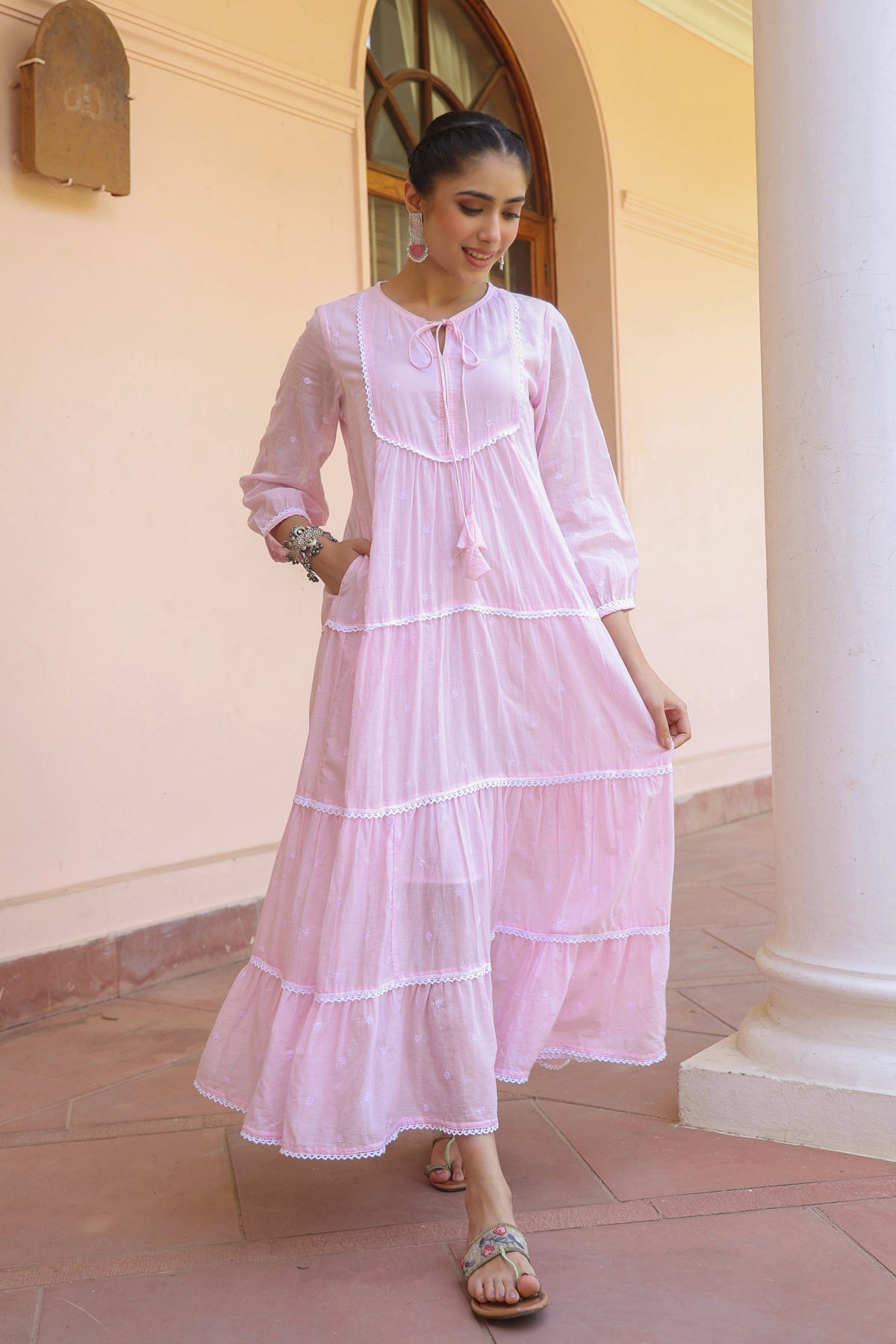 Pink Cotton Mulmul Embroidered Tiered Maxi Dress