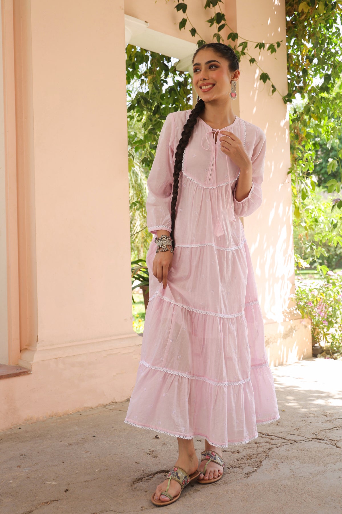 Pink Cotton Mulmul Embroidered Tiered Maxi Dress