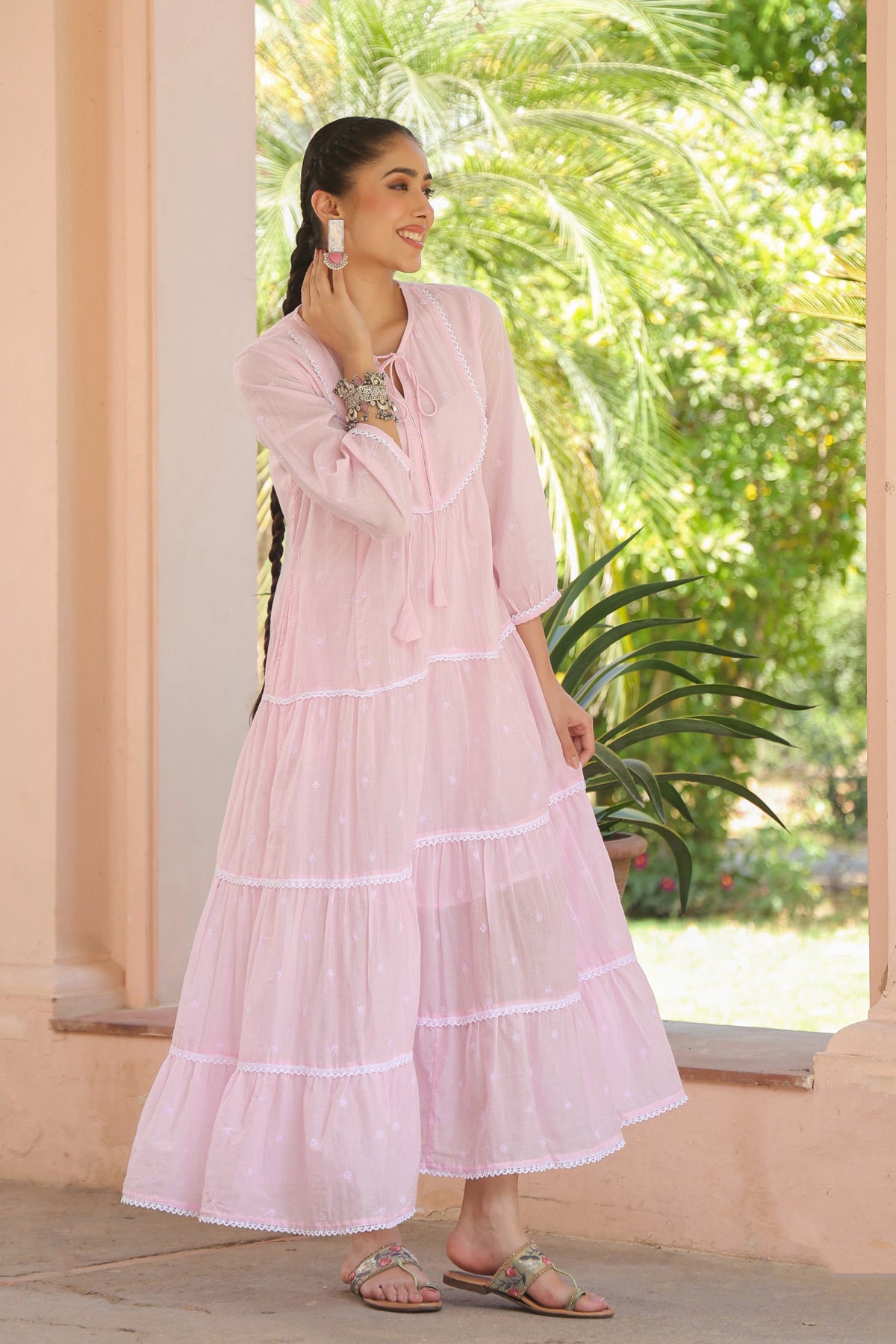 Pink Cotton Mulmul Embroidered Tiered Maxi Dress