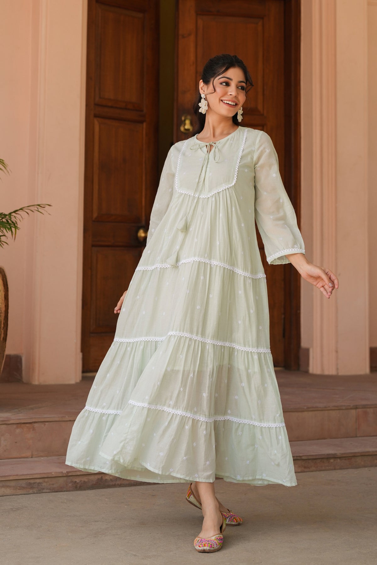 Pistagreen Cotton Mulmul Embroidered Tiered Maxi Dress