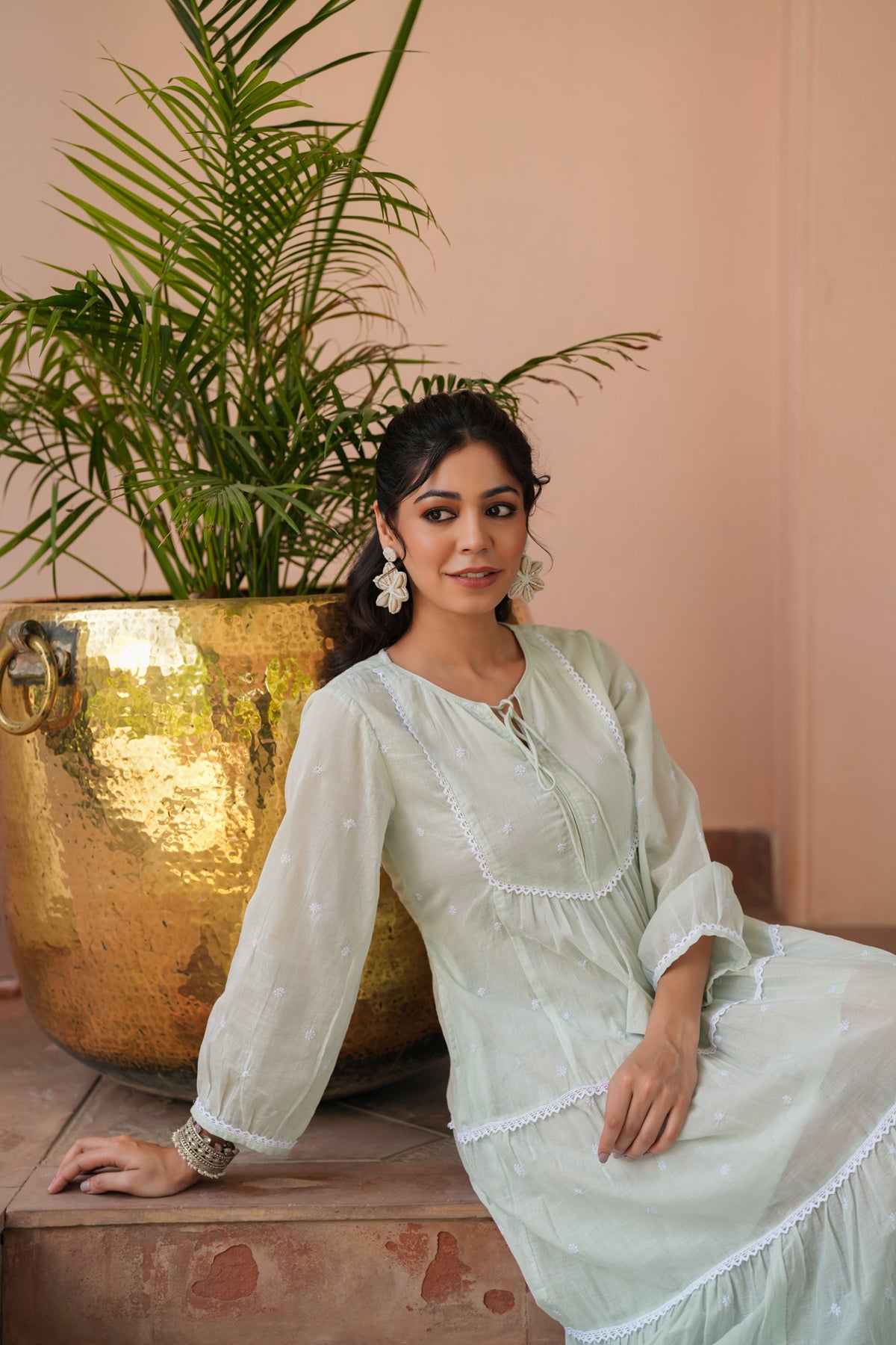 Pistagreen Cotton Mulmul Embroidered Tiered Maxi Dress