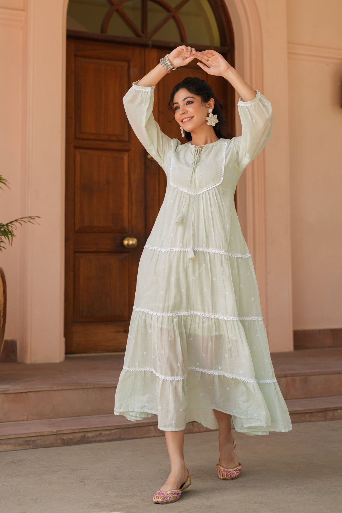 Pistagreen Cotton Mulmul Embroidered Tiered Maxi Dress