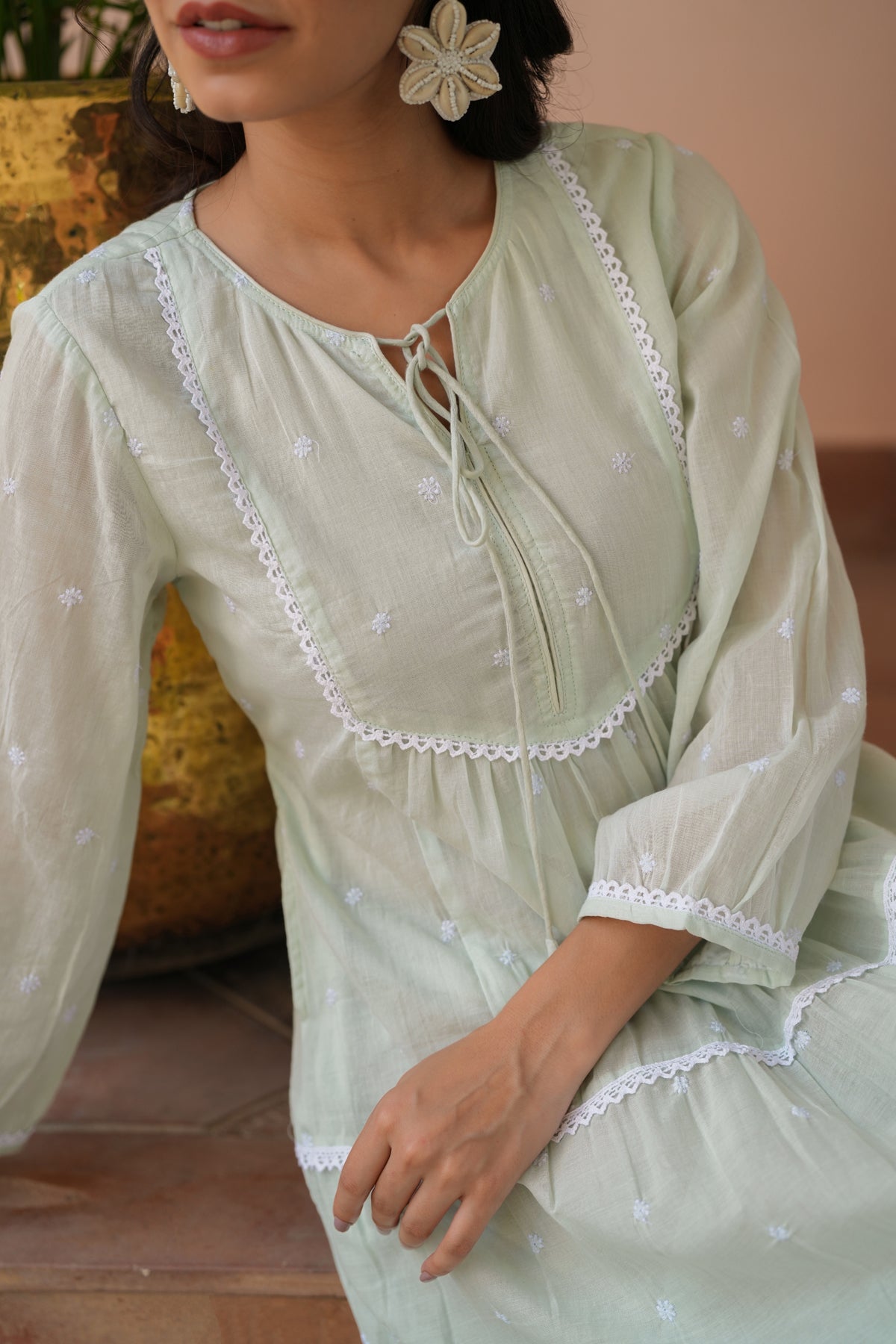 Pistagreen Cotton Mulmul Embroidered Tiered Maxi Dress