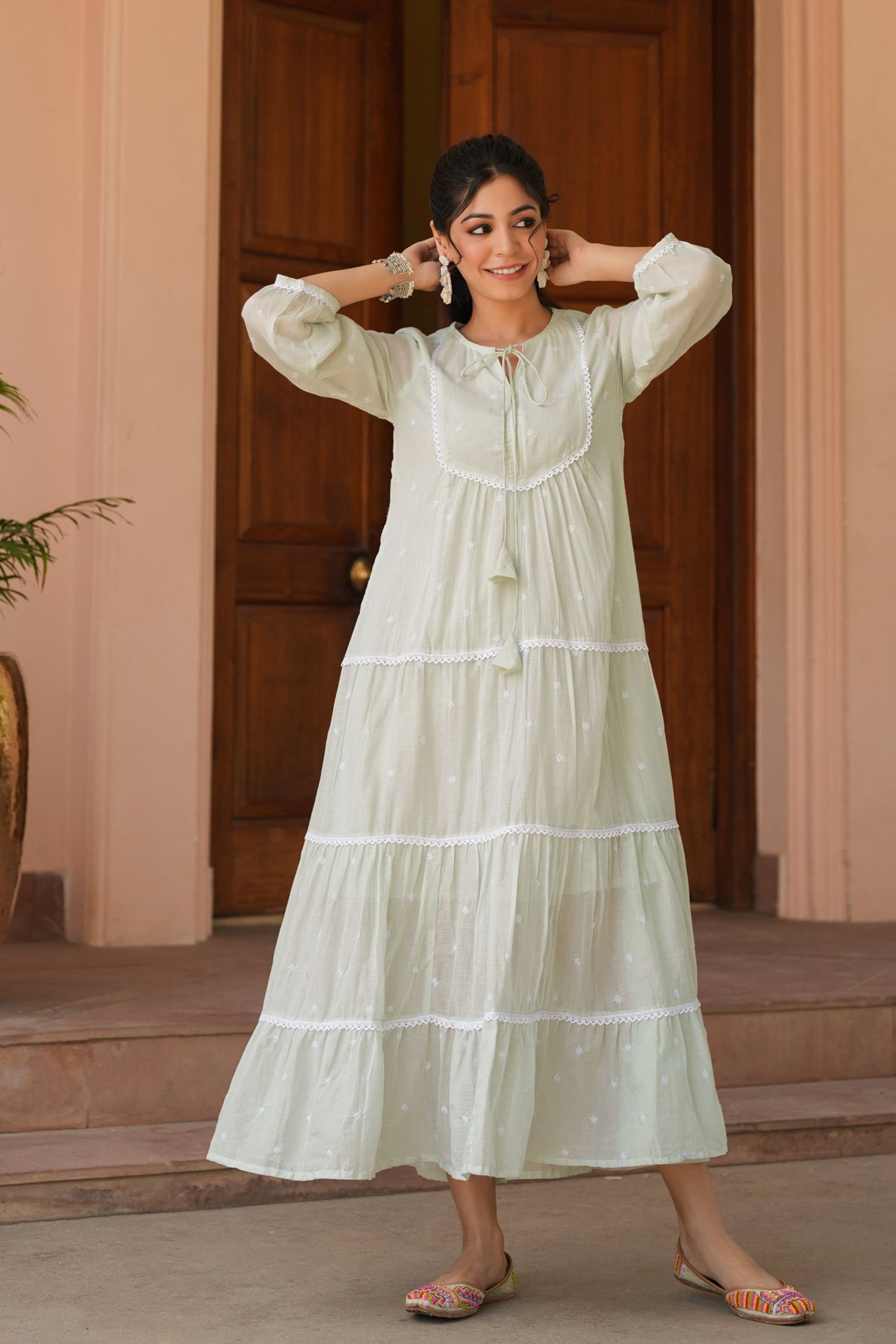 Pistagreen Cotton Mulmul Embroidered Tiered Maxi Dress