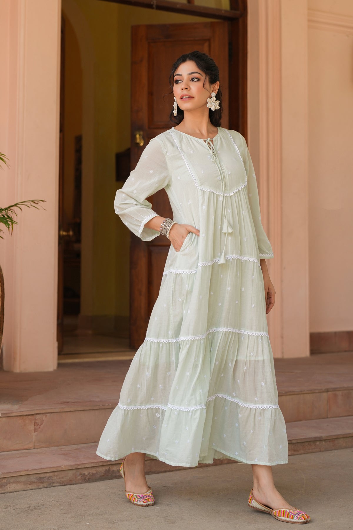 Pistagreen Cotton Mulmul Embroidered Tiered Maxi Dress