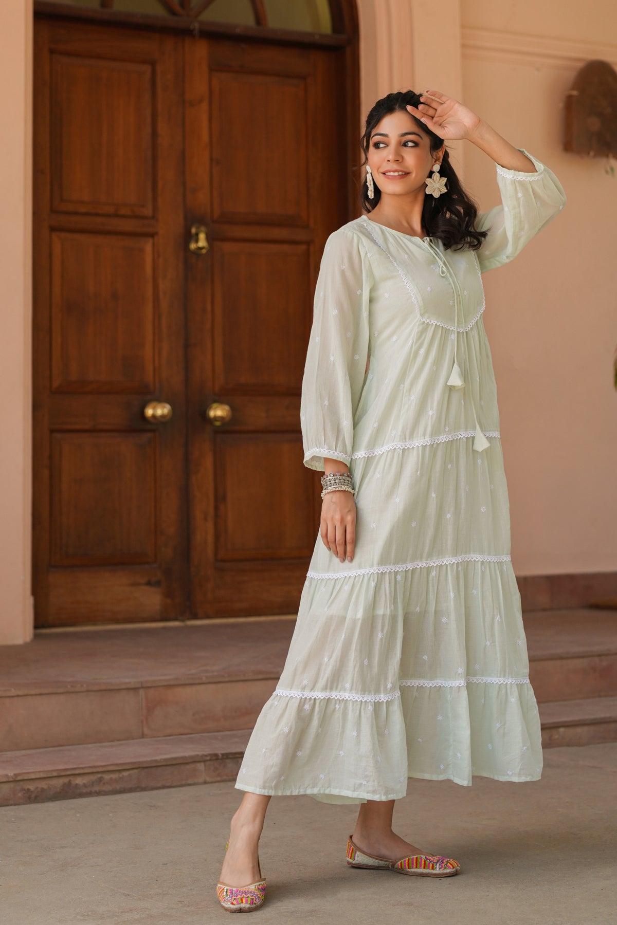 Pistagreen Cotton Mulmul Embroidered Tiered Maxi Dress