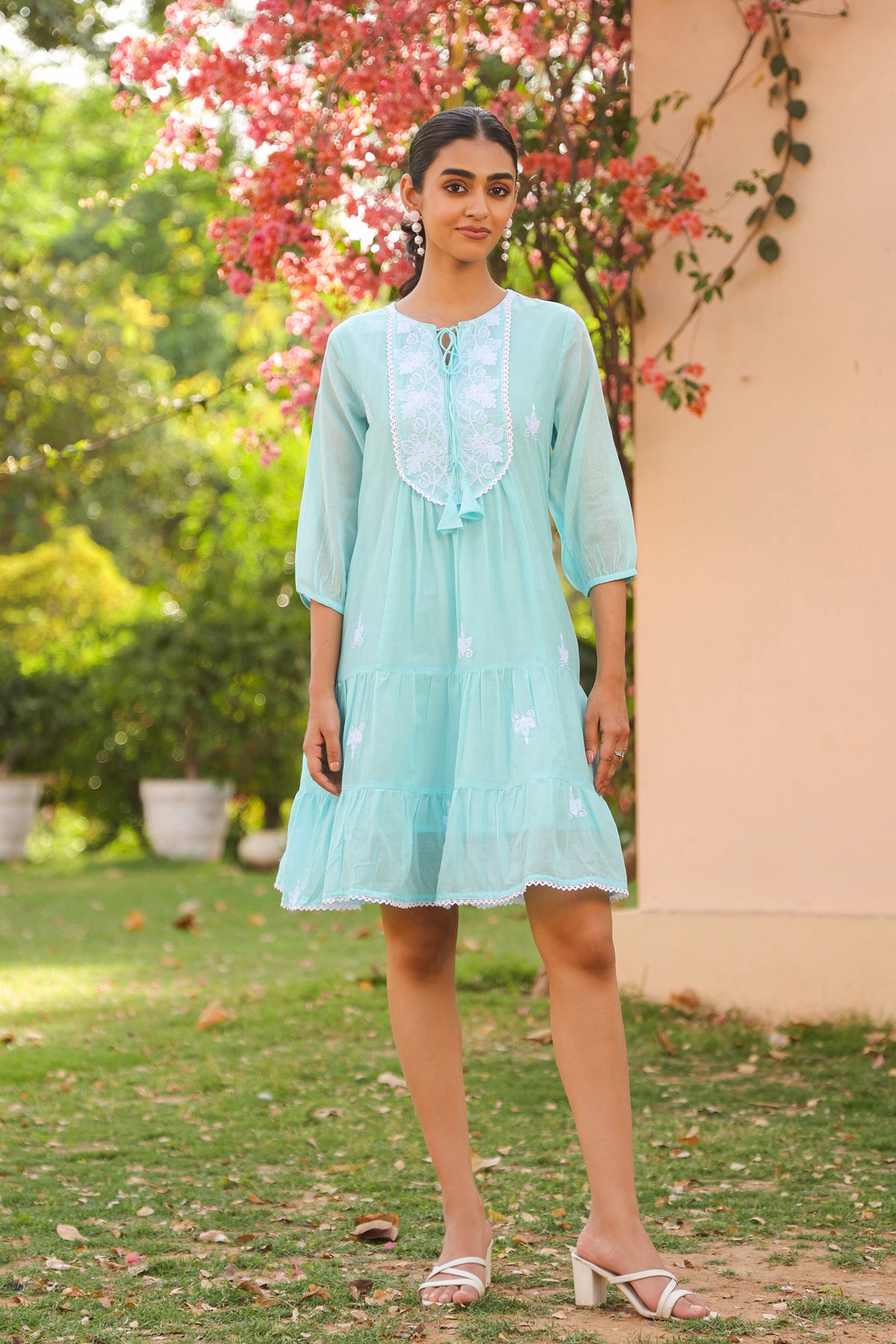 Aqua Cotton Mulmul Embroidered Tiered Midi Dress