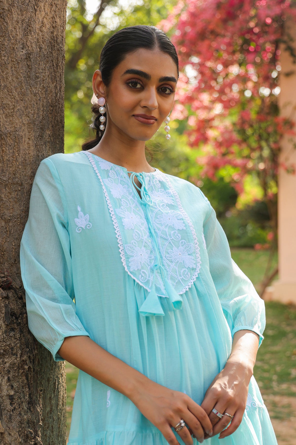 Aqua Cotton Mulmul Embroidered Tiered Midi Dress