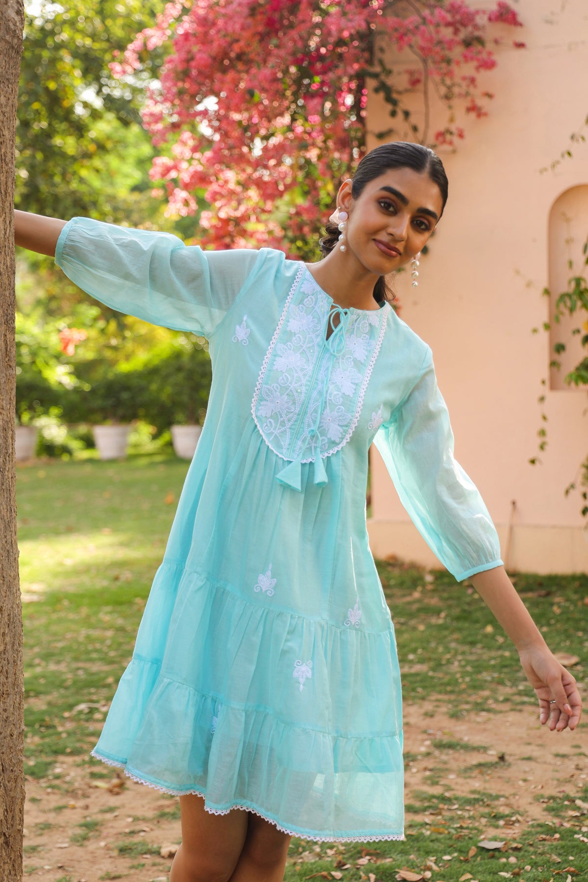 Aqua Cotton Mulmul Embroidered Tiered Midi Dress