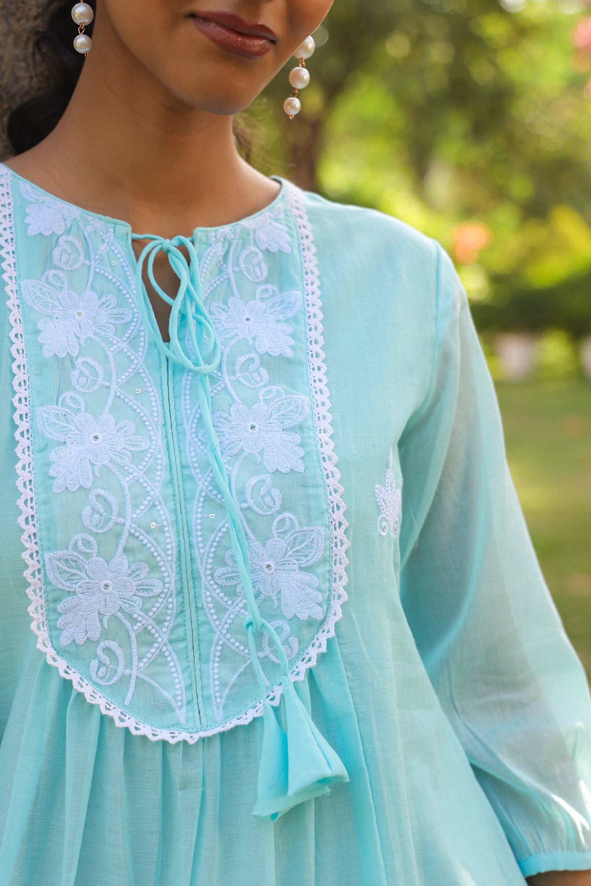 Aqua Cotton Mulmul Embroidered Tiered Midi Dress
