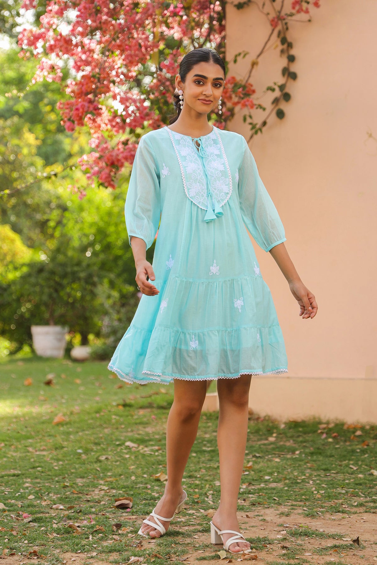 Aqua Cotton Mulmul Embroidered Tiered Midi Dress